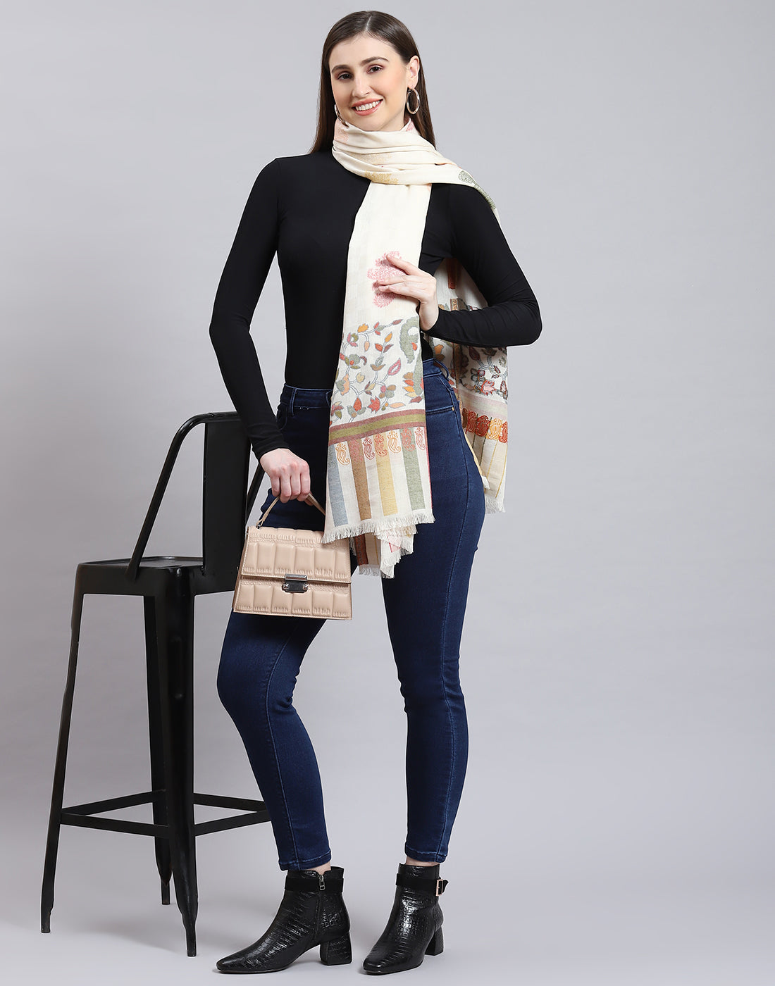 Women Off White Self Design Shawl