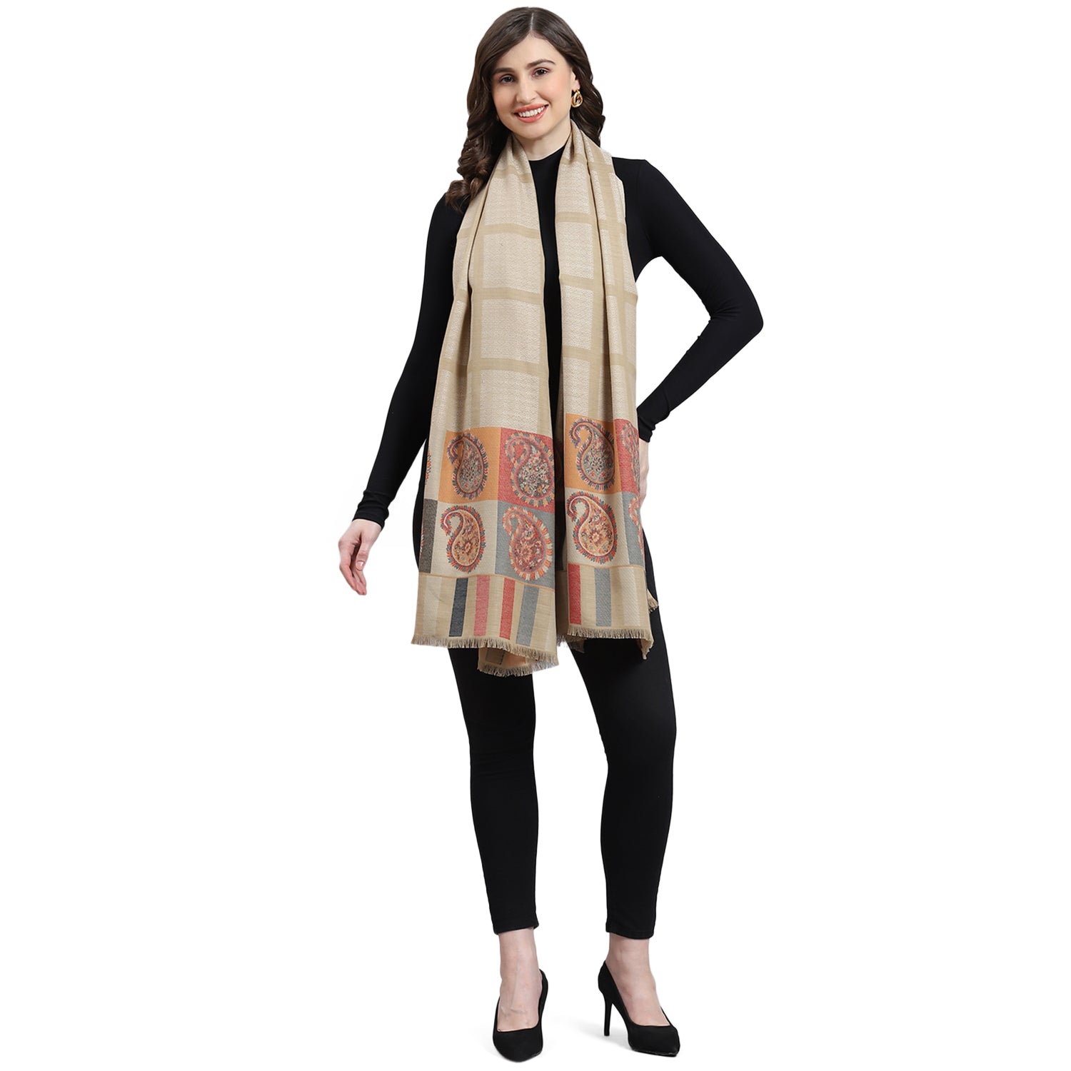 Women Beige Self Design Shawl