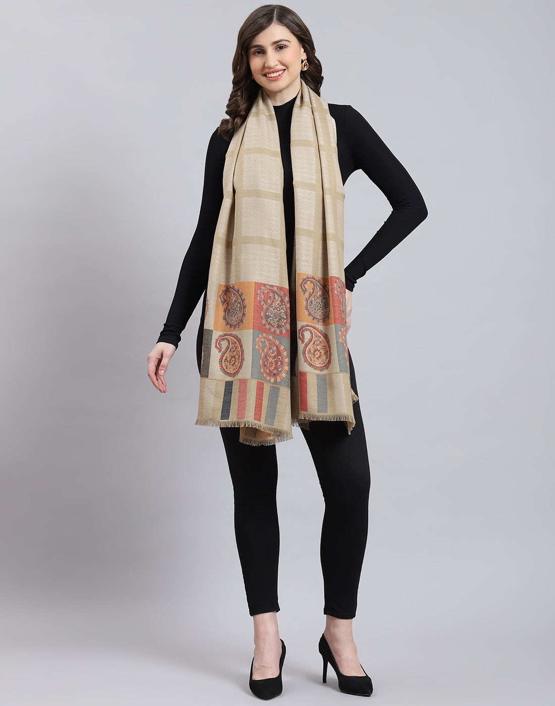 Women Beige Self Design Shawl