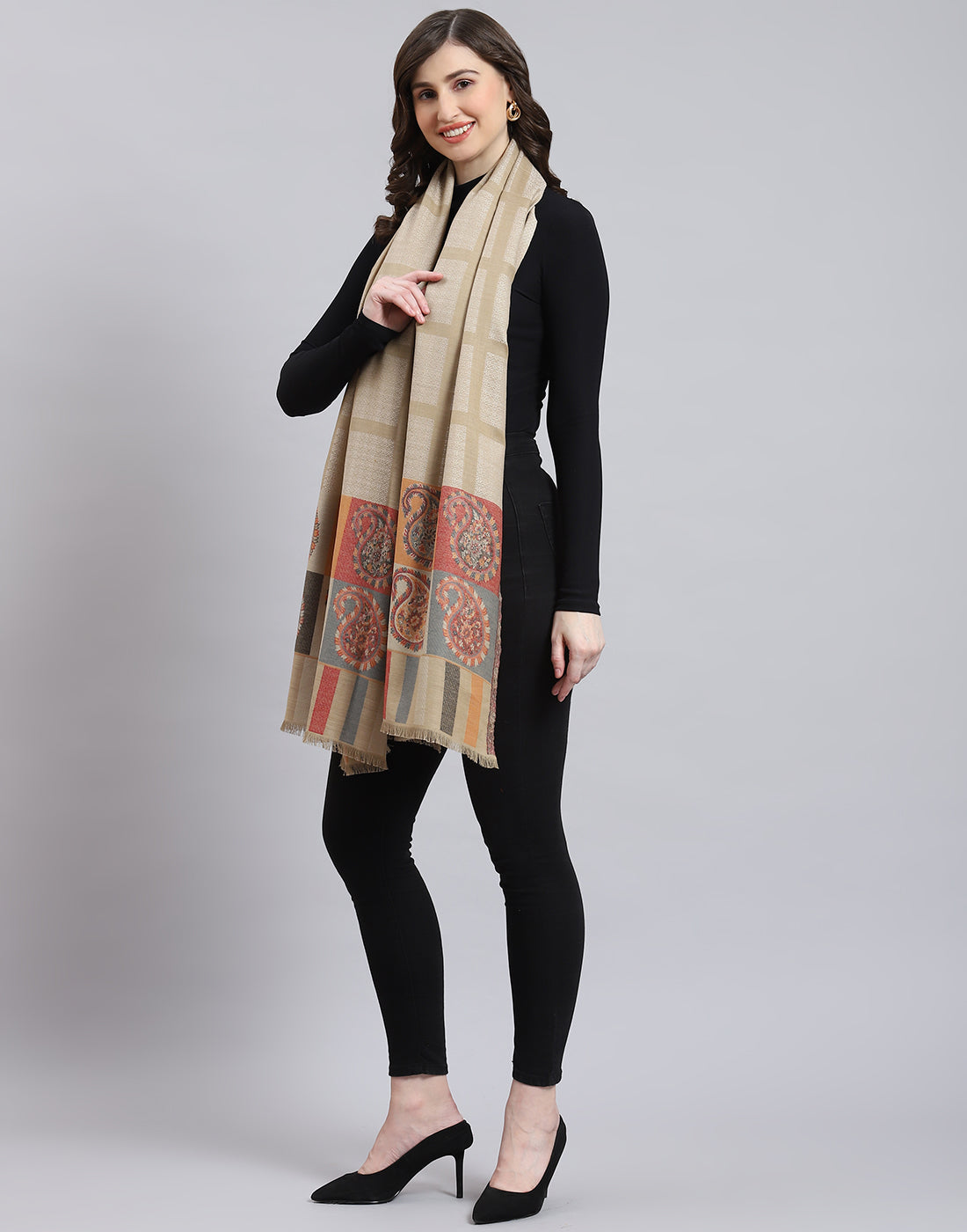Women Beige Self Design Shawl