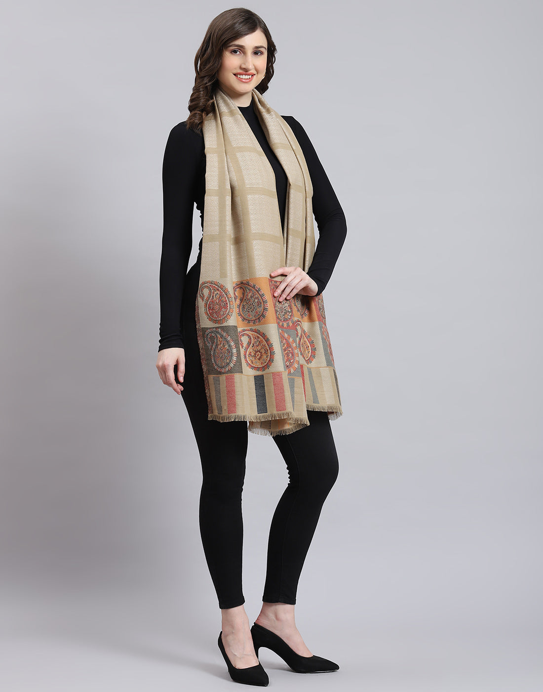 Women Beige Self Design Shawl