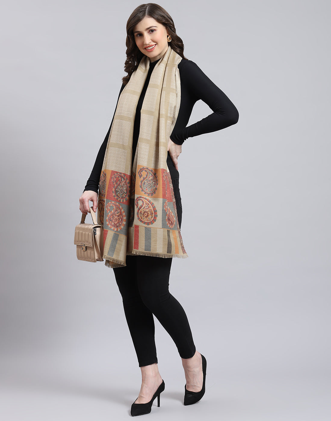 Women Beige Self Design Shawl