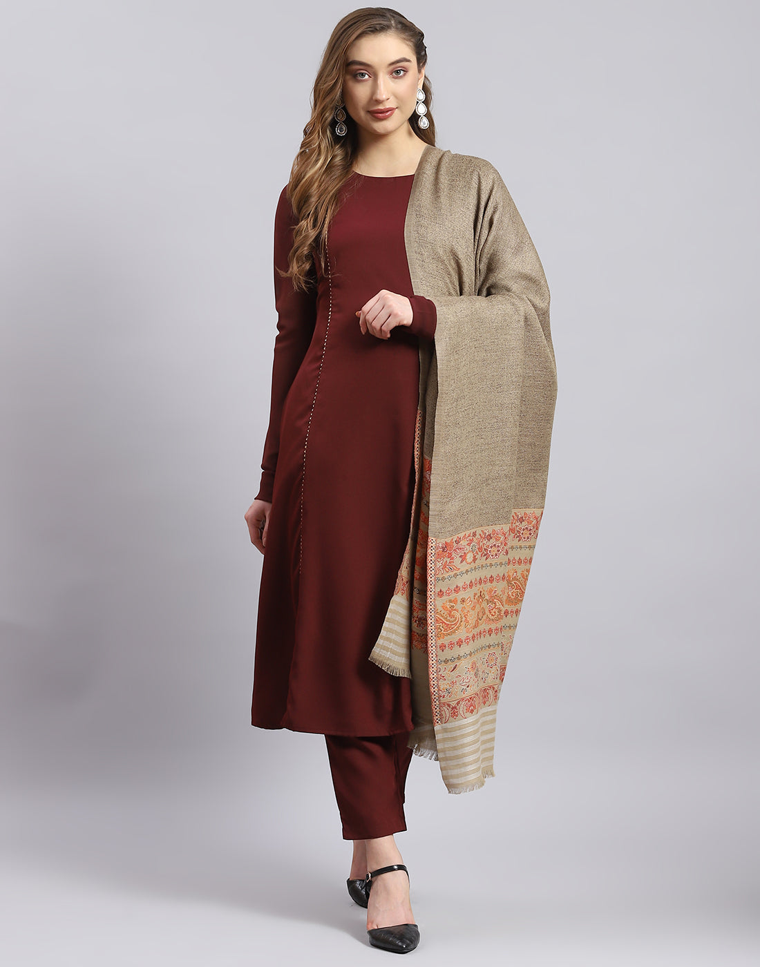 Women Khaki Self Design Shawl