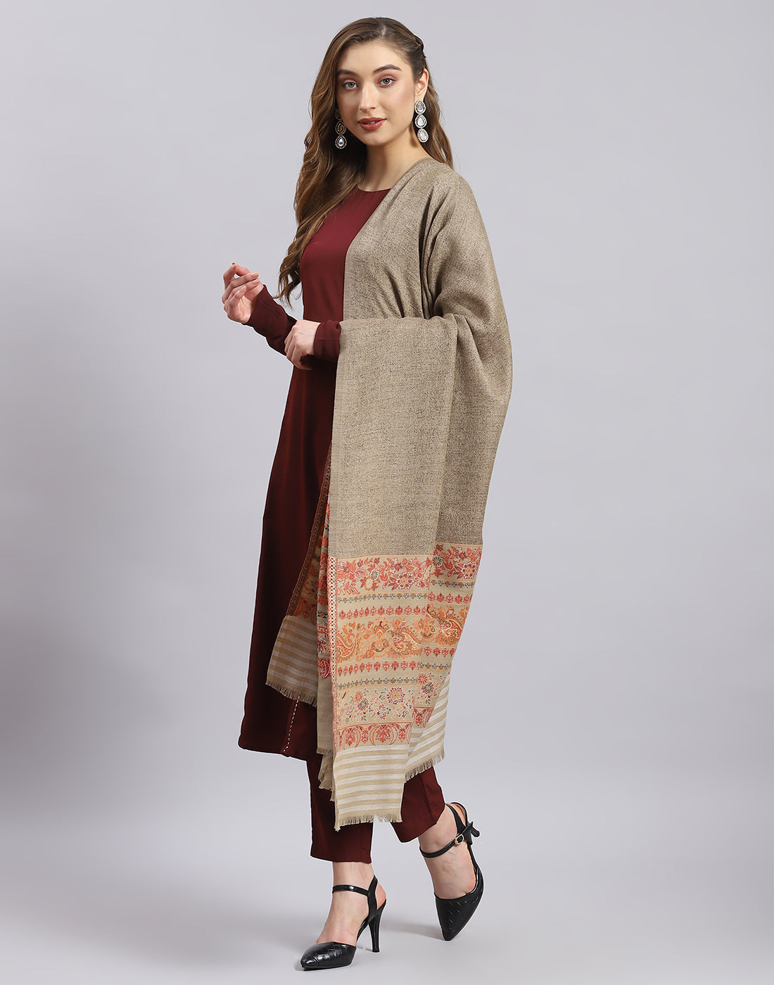 Women Khaki Self Design Shawl