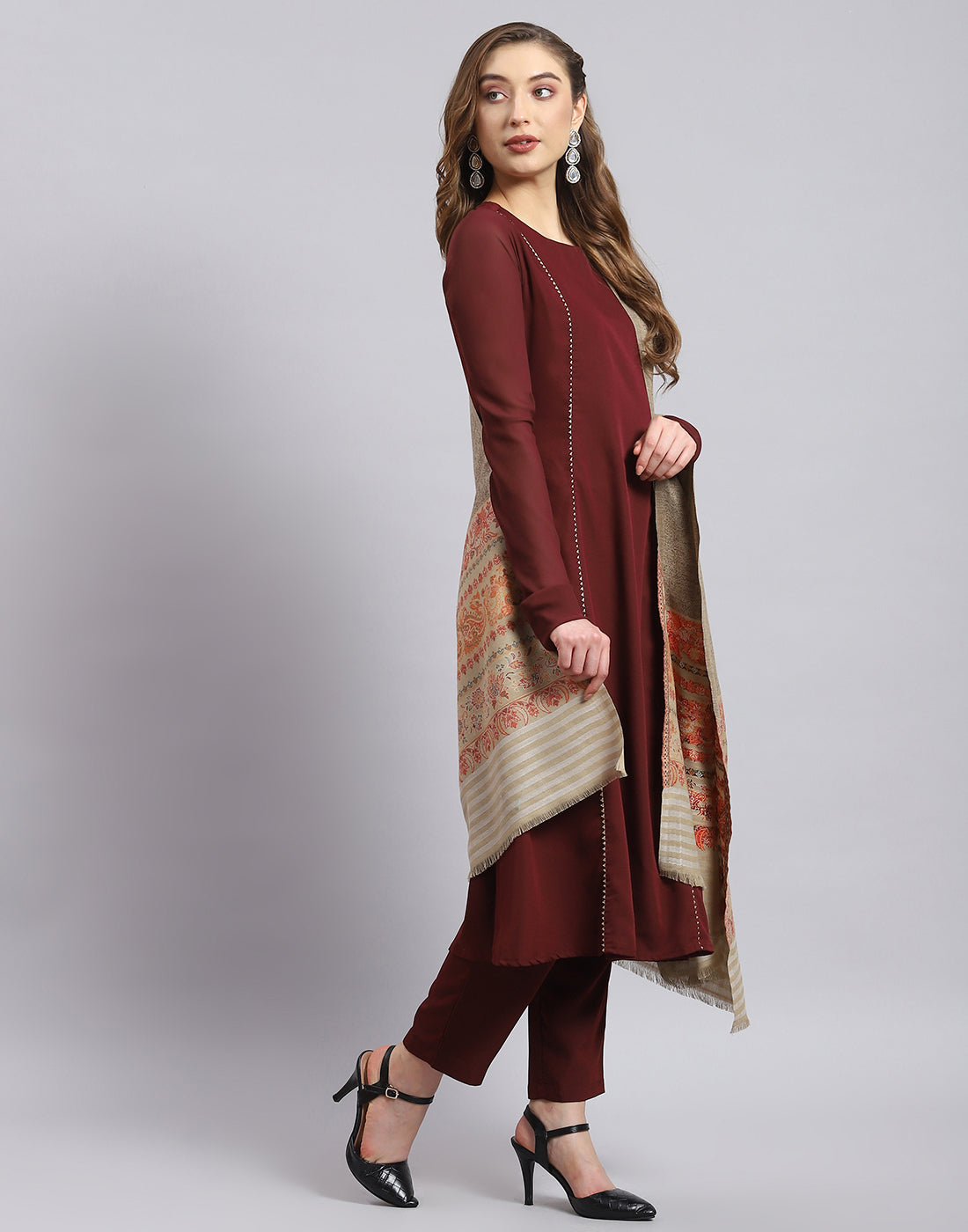 Women Khaki Self Design Shawl