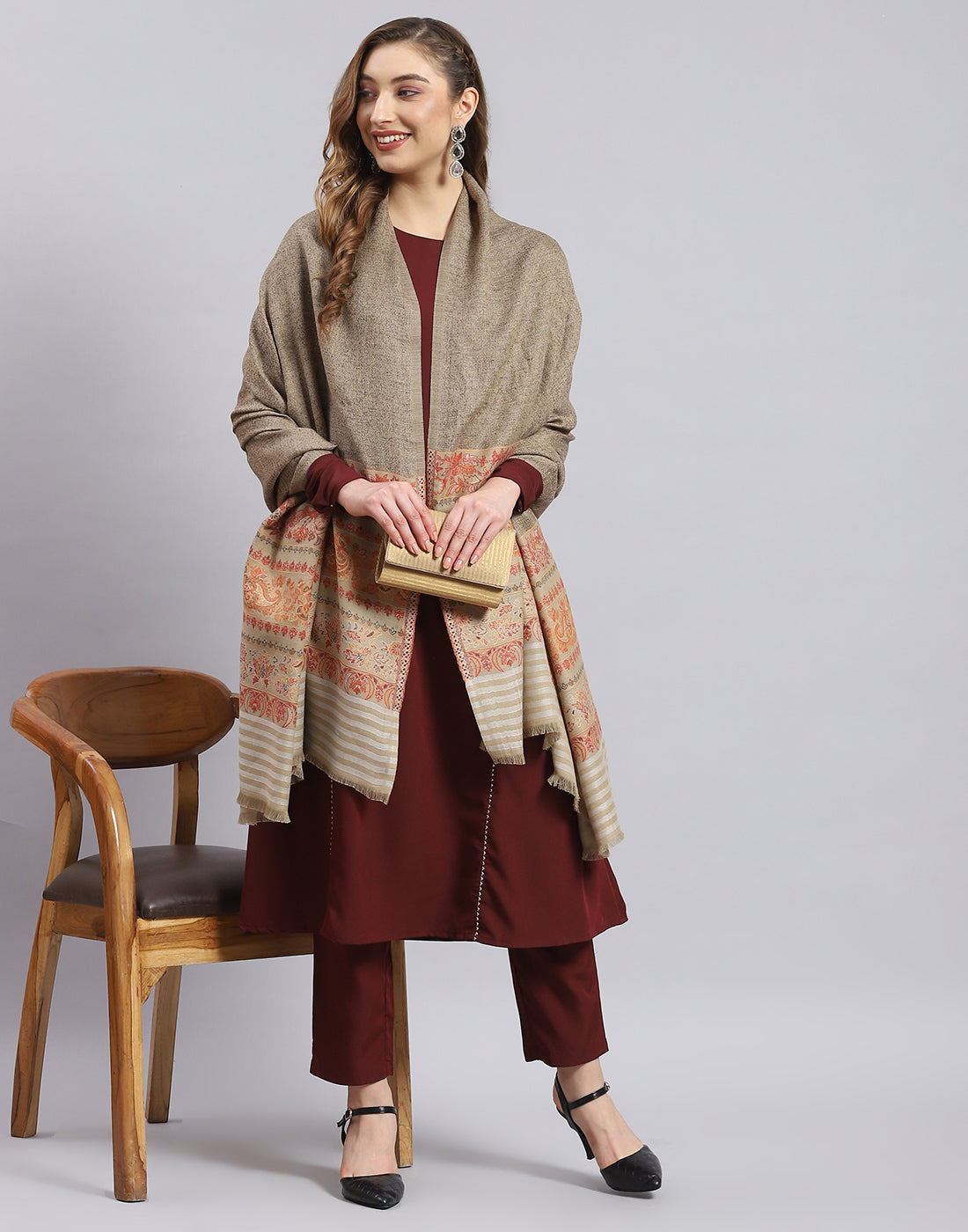 Women Khaki Self Design Shawl