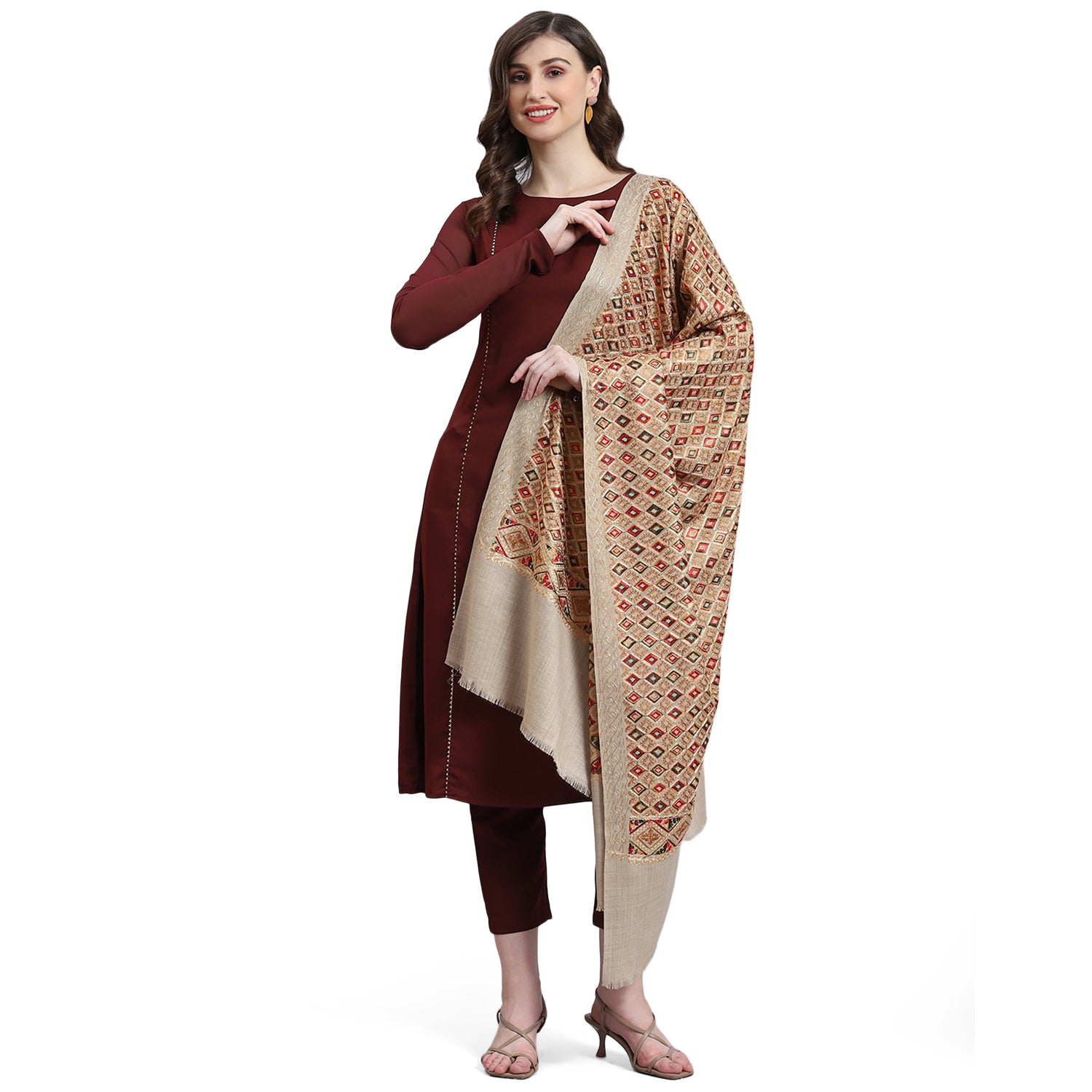 Women Beige Self Design Shawl