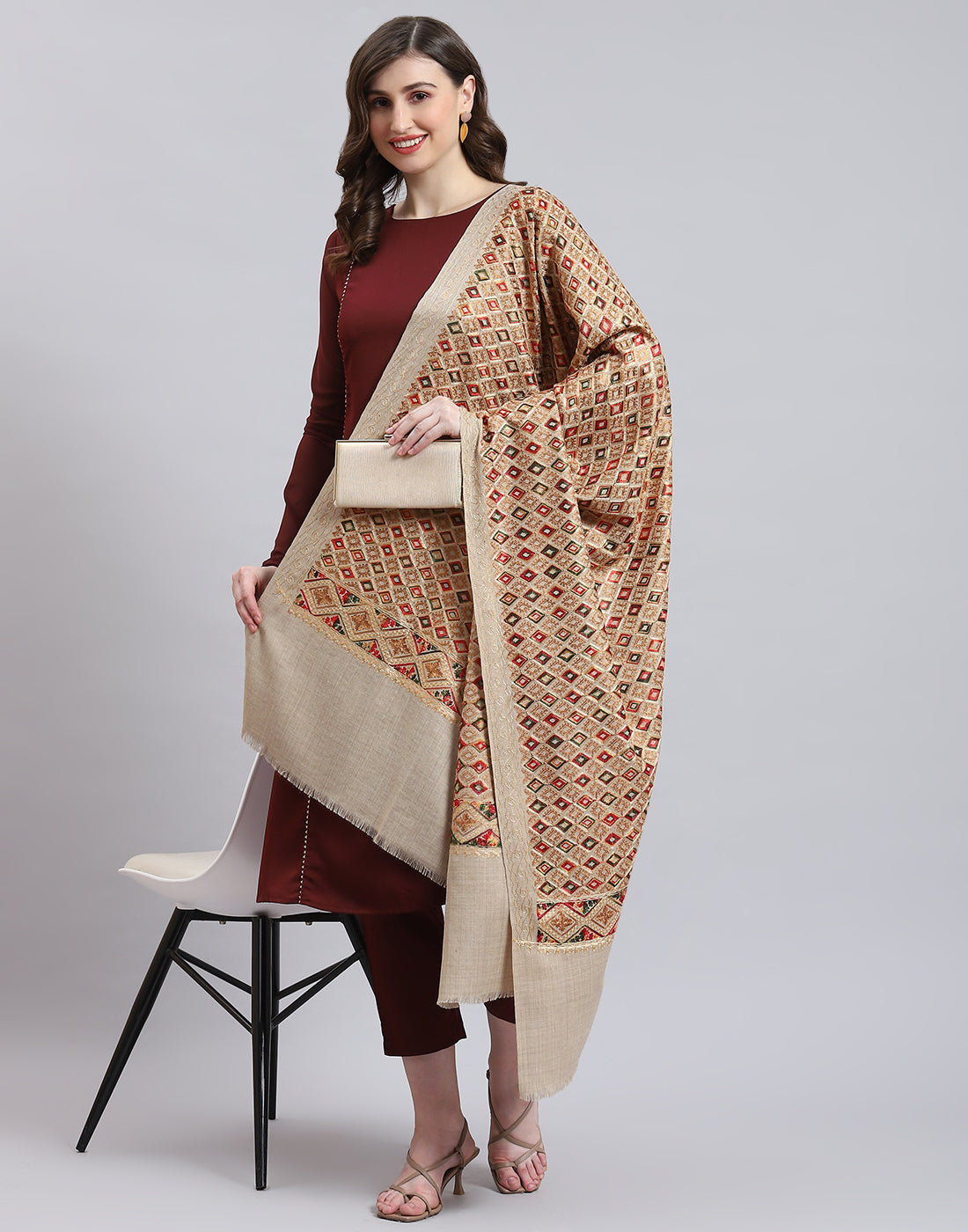 Women Beige Self Design Shawl