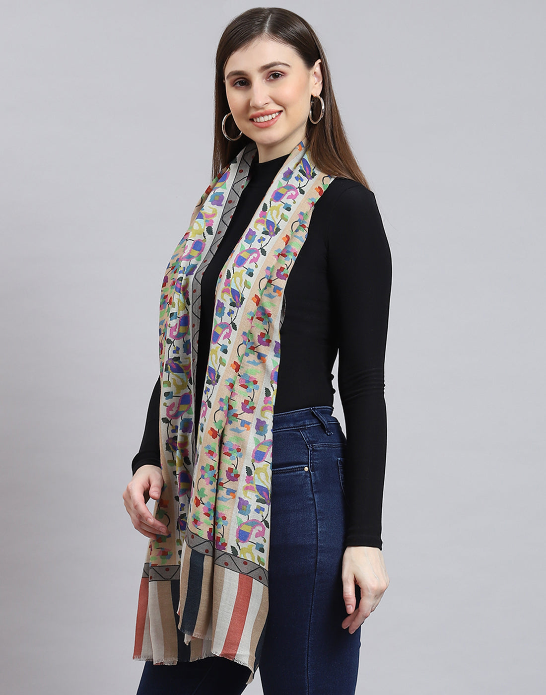 Women White Self Design Shawl