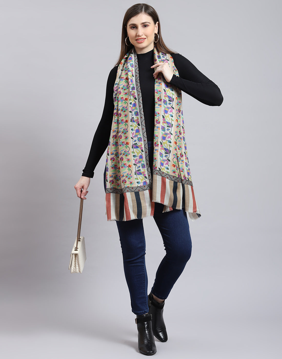 Women White Self Design Shawl