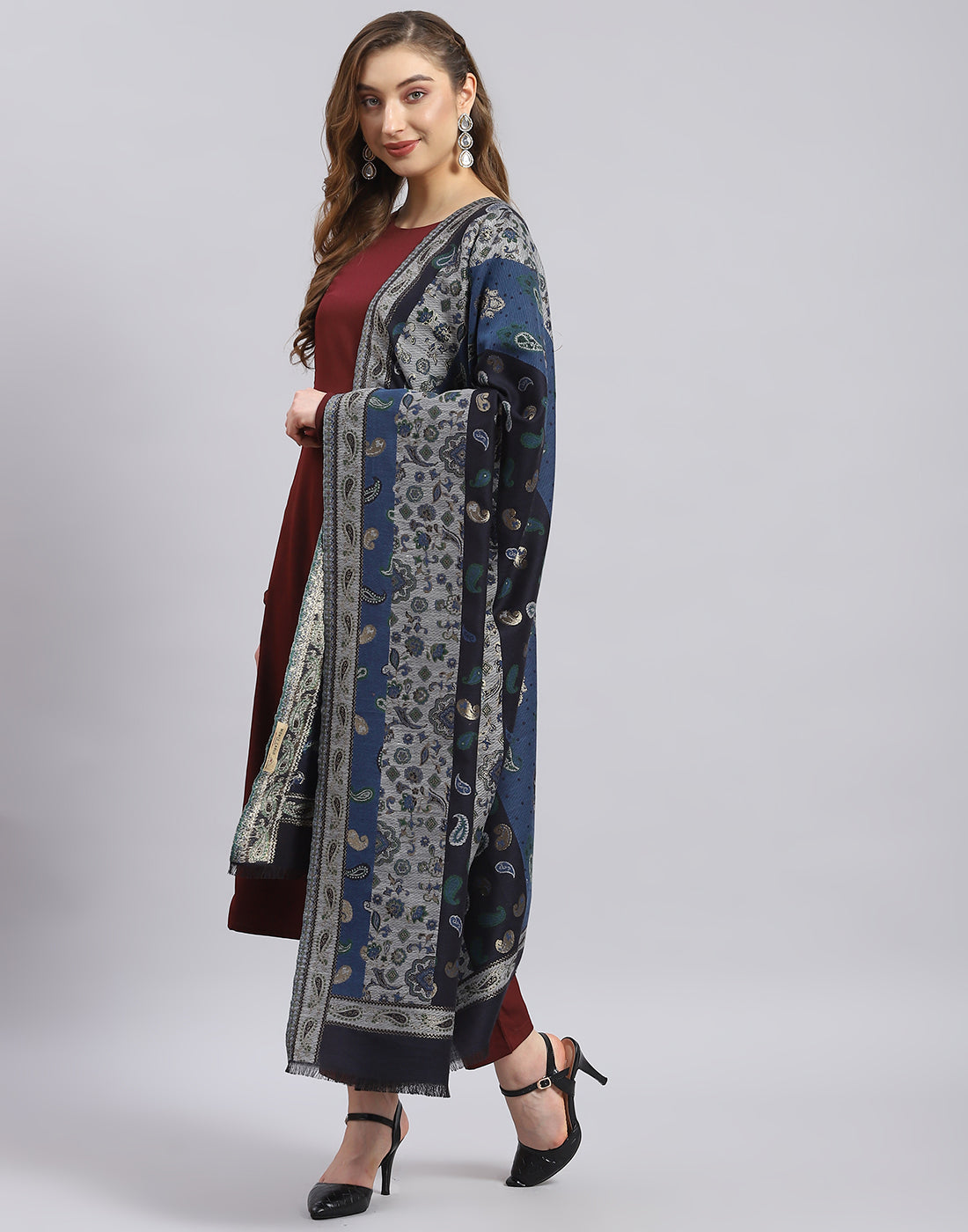 Women Teal Blue Self Design Shawl