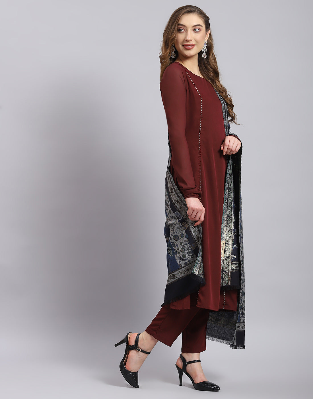 Women Teal Blue Self Design Shawl