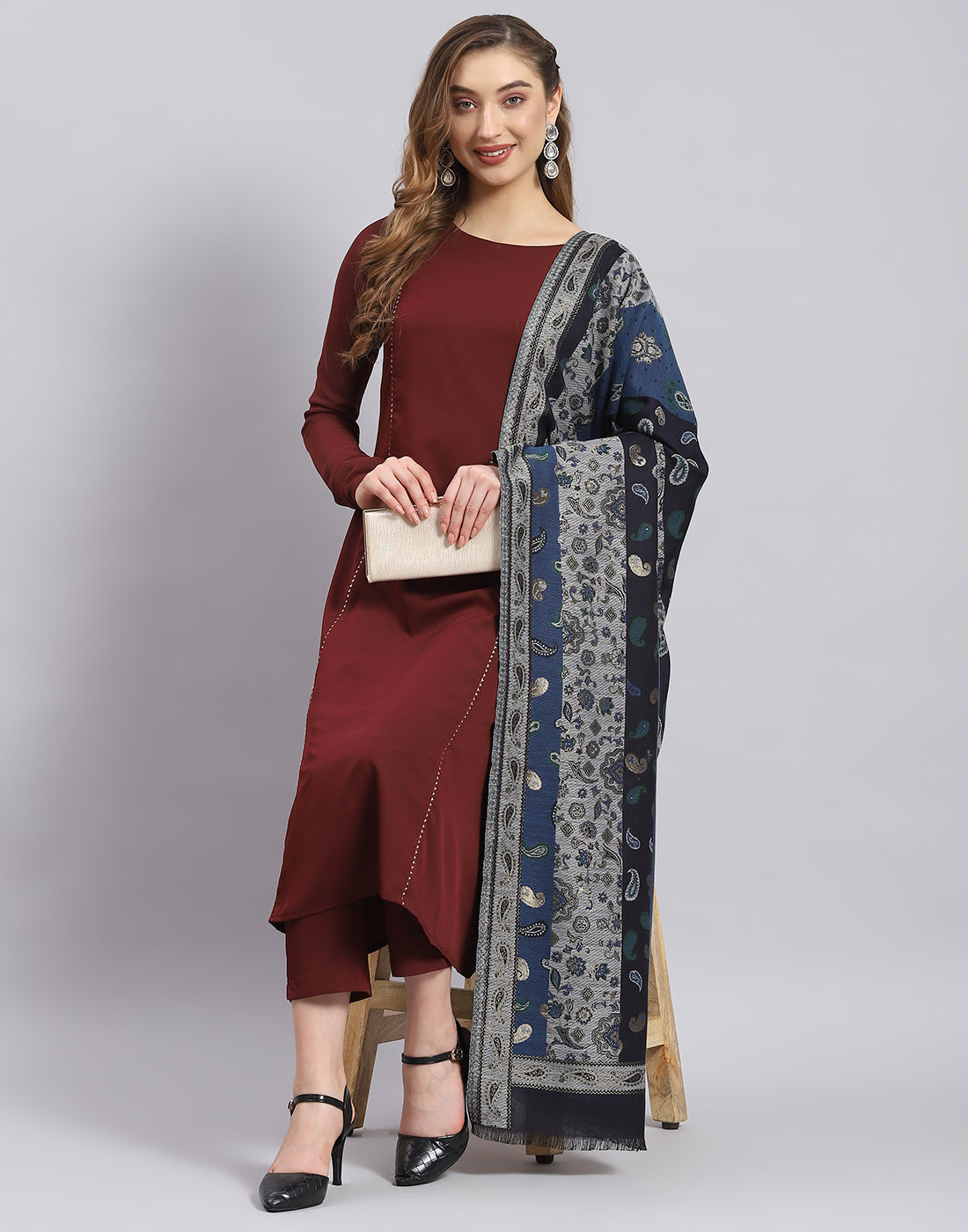 Women Teal Blue Self Design Shawl