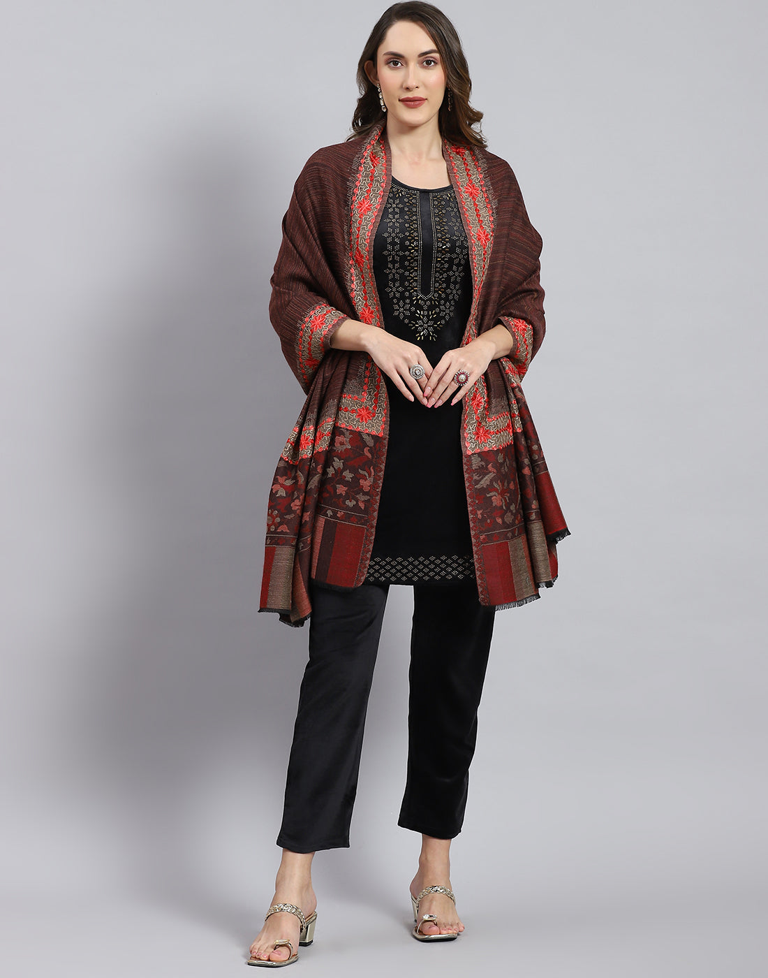 Women Brown Self Design Shawl