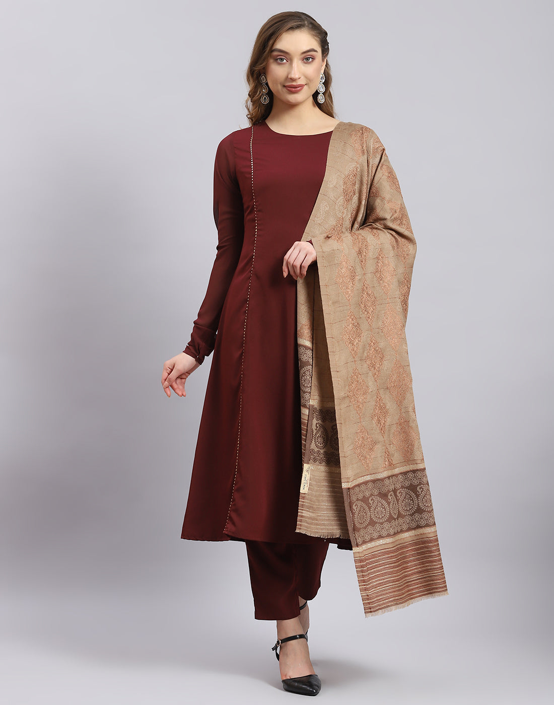 Women Beige Self Design Shawl