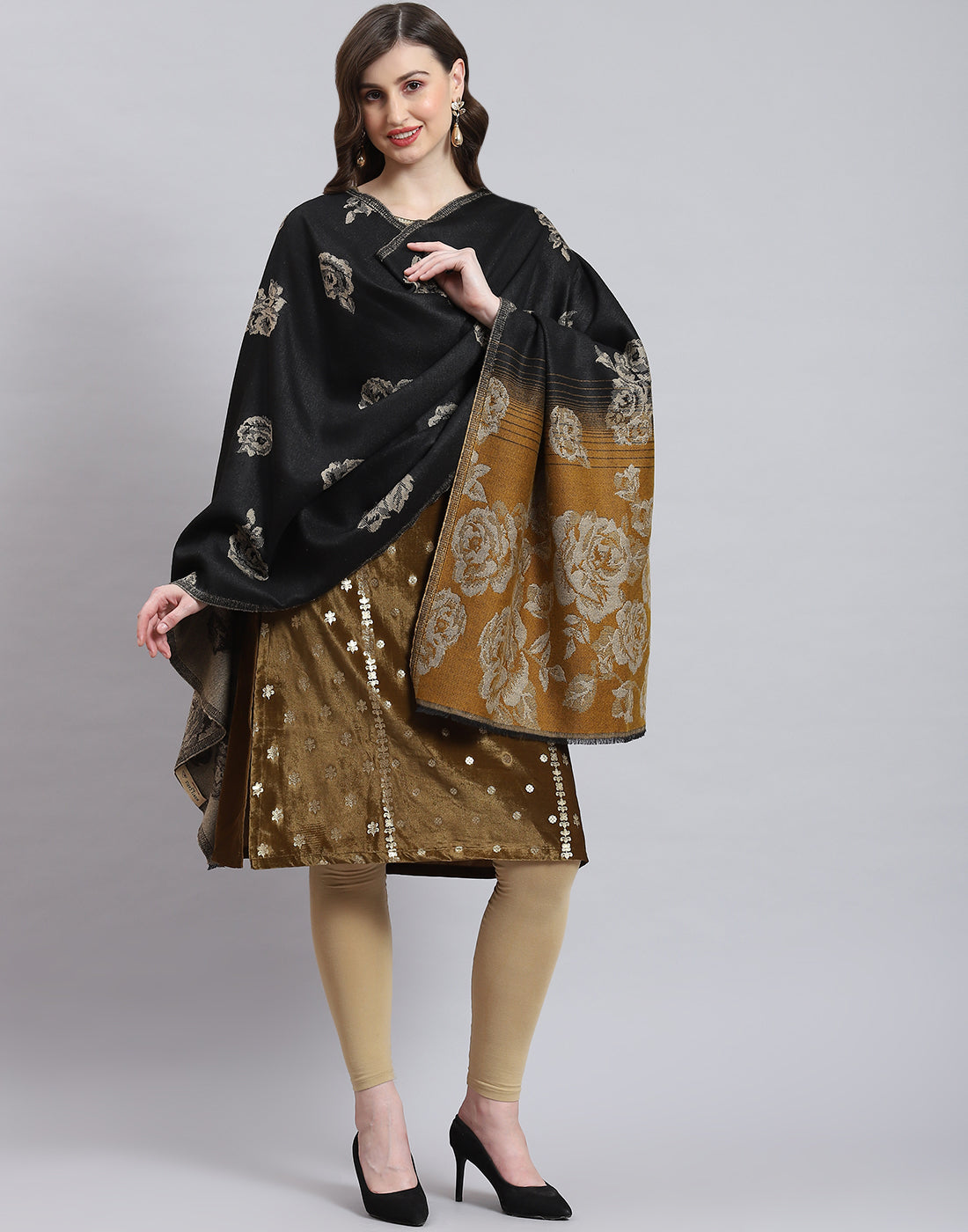 Women Black Self Design Stole