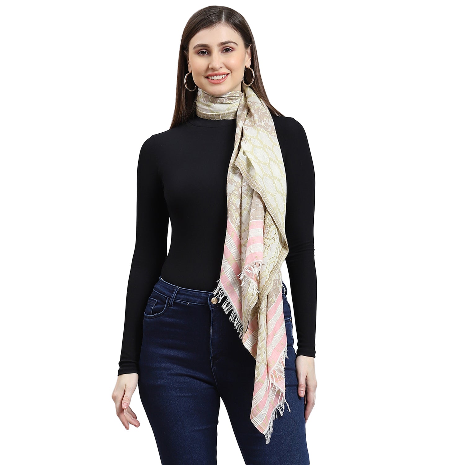 Women Cream Self Design Stole