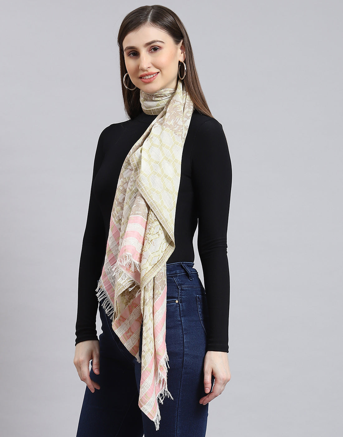 Women Cream Self Design Stole