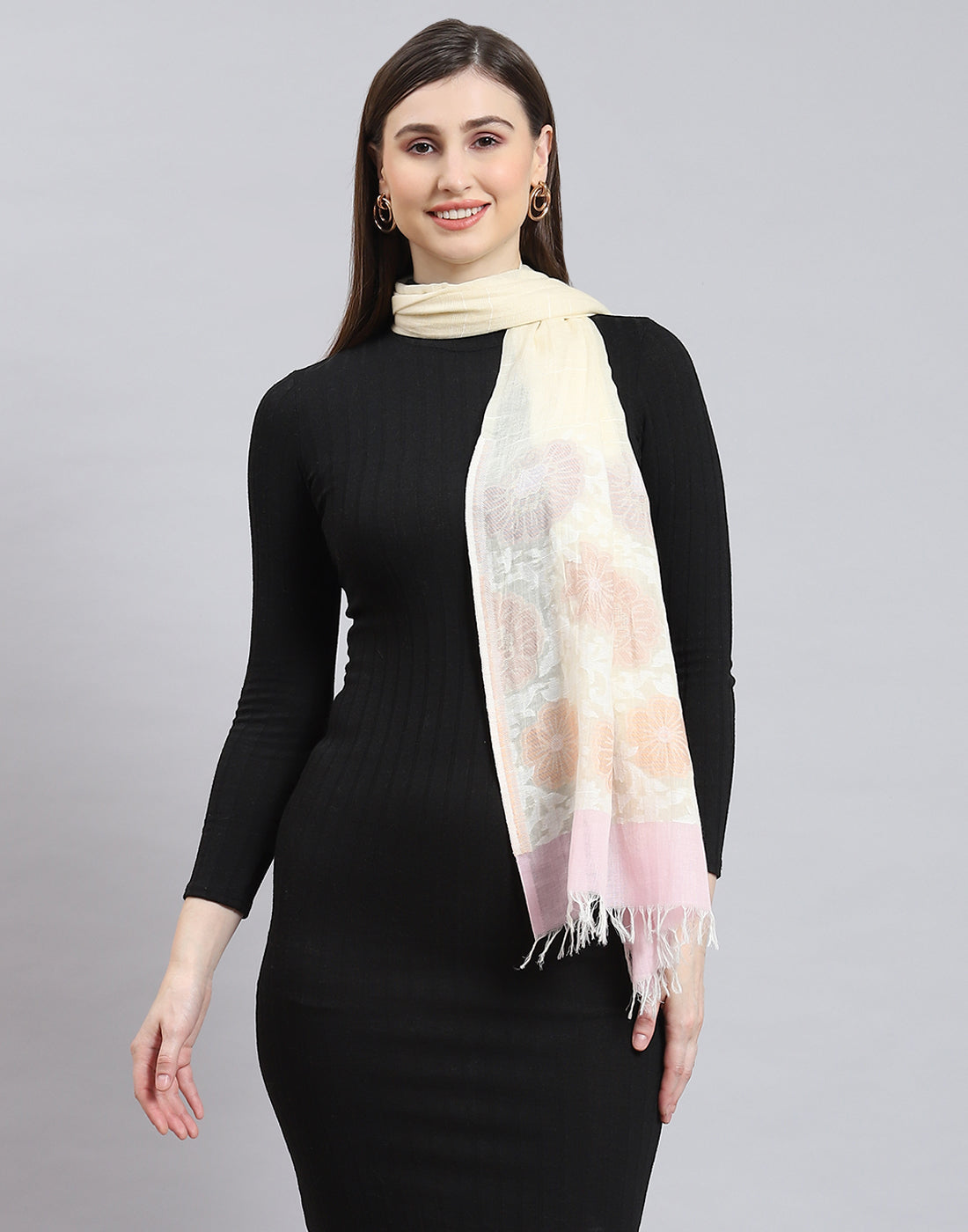 Women Cream Self Design Stole