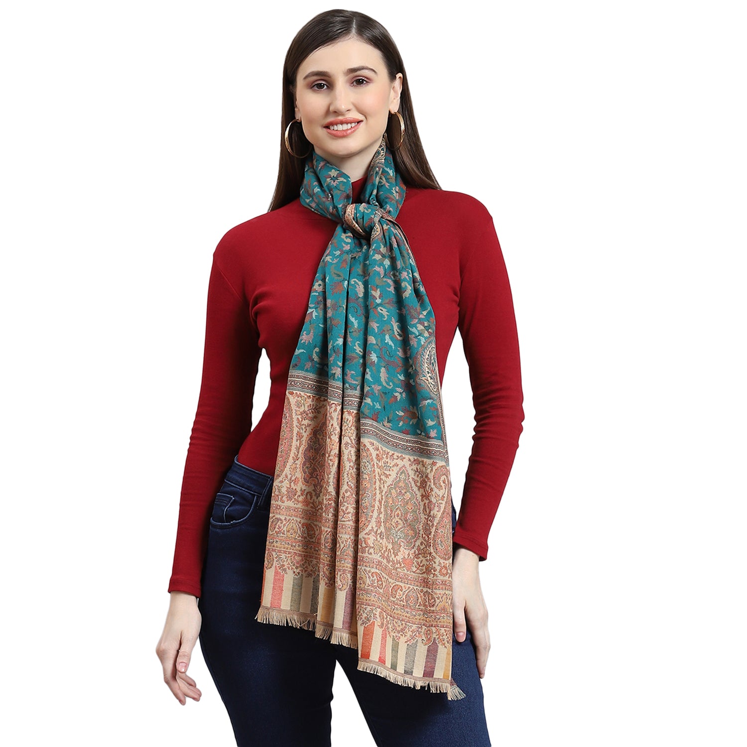 Women Turquoise Blue Self Design Stole