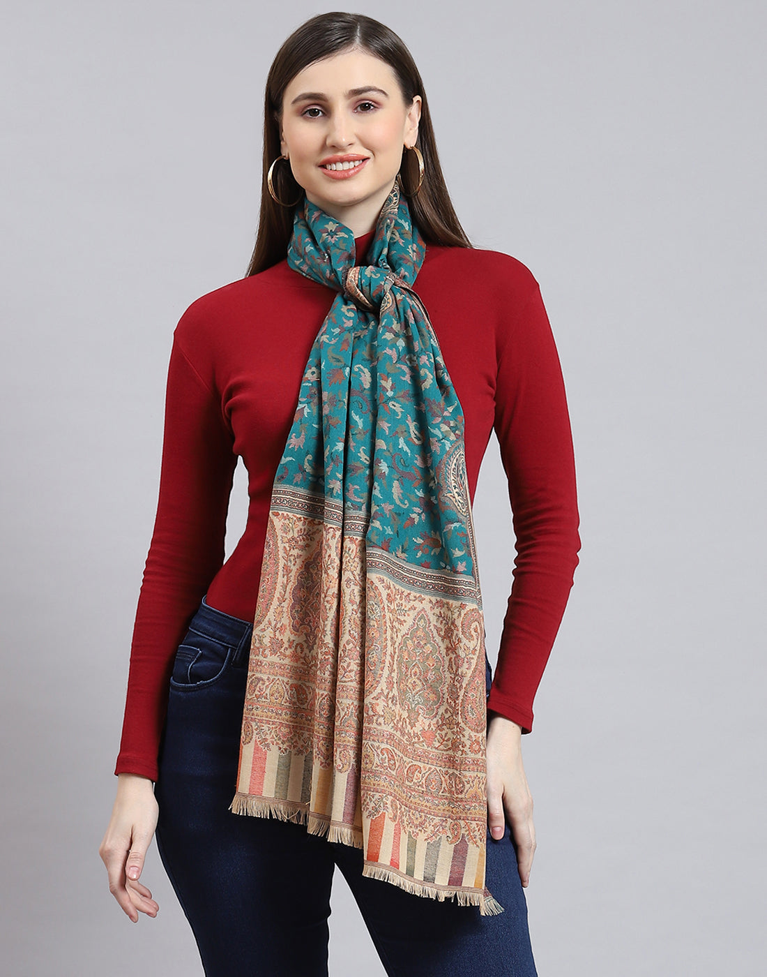 Women Turquoise Blue Self Design Stole