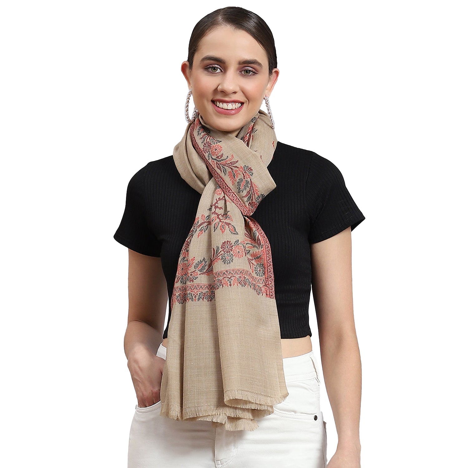 Women Beige Self Design Stole