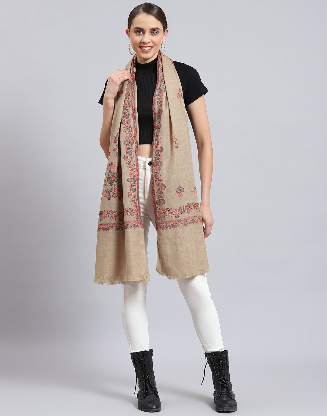 Women Beige Self Design Stole