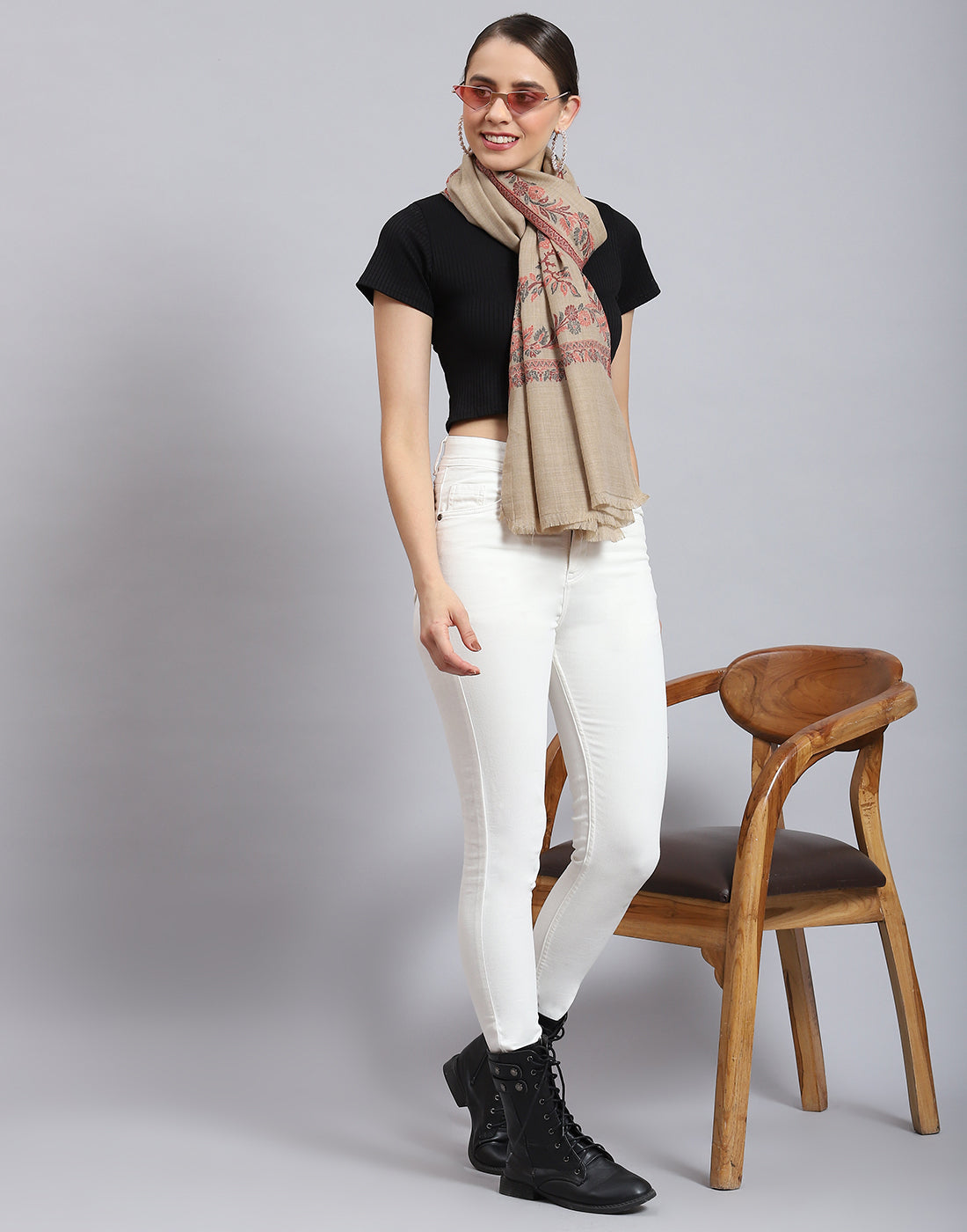 Women Beige Self Design Stole