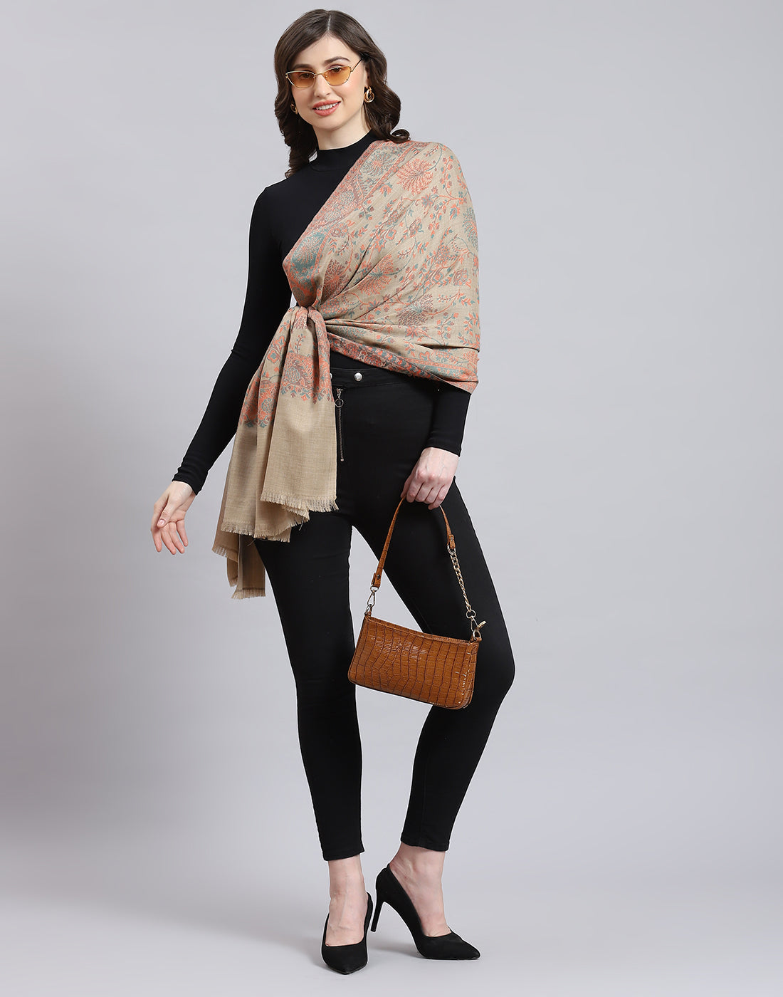 Women Brown Self Design Stole