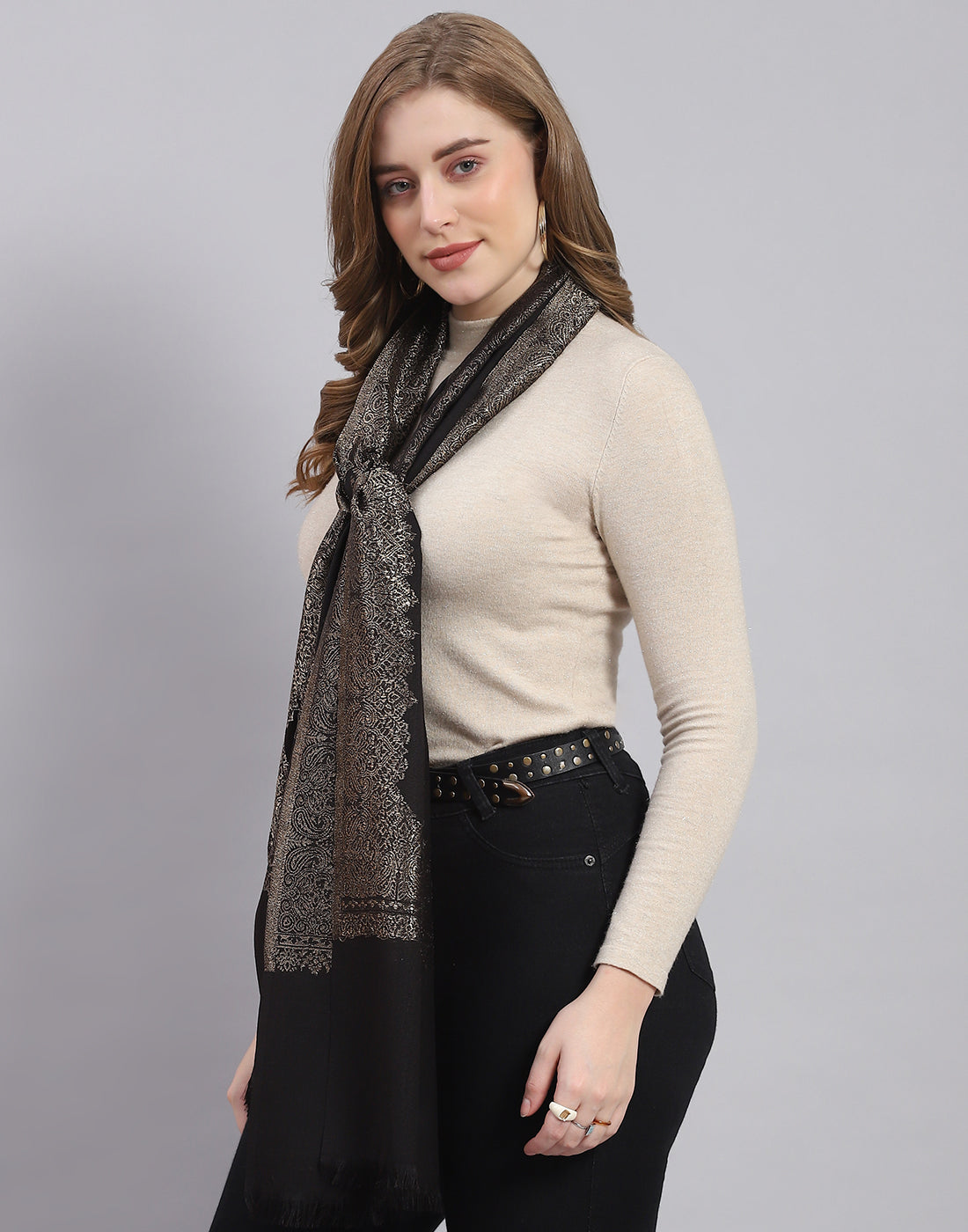 Women Black Self Design Stole