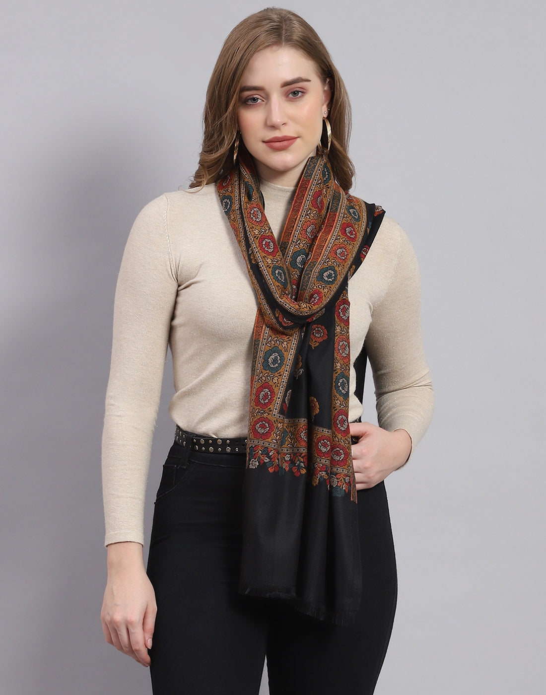 Women Black Self Design Stole