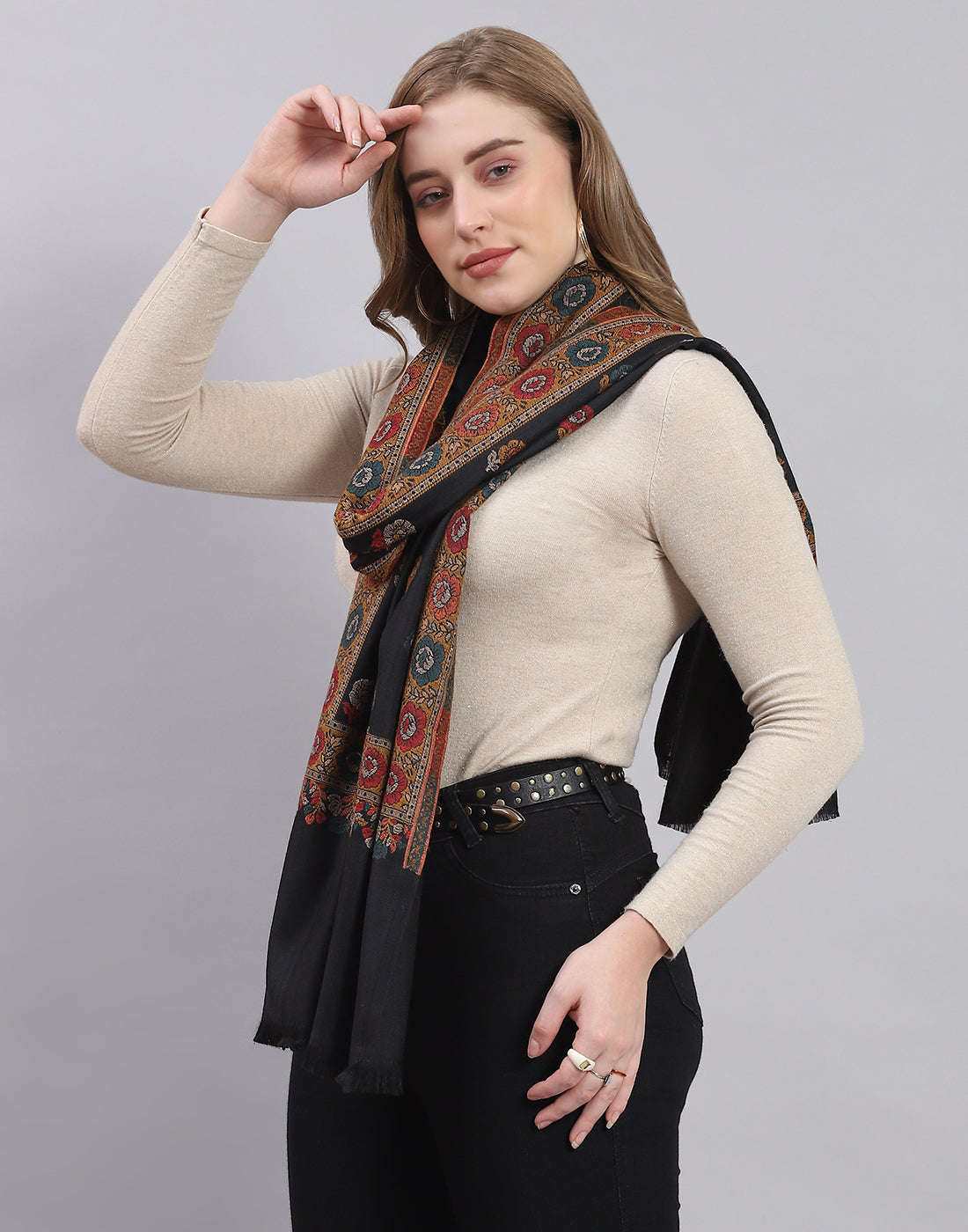 Women Black Self Design Stole