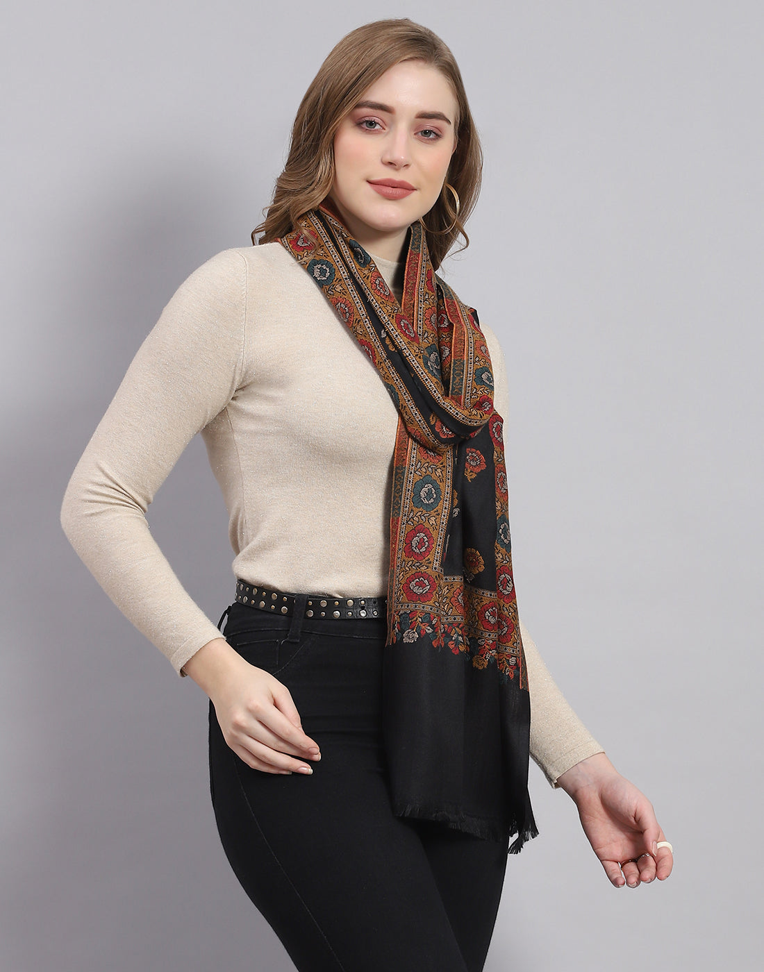 Women Black Self Design Stole