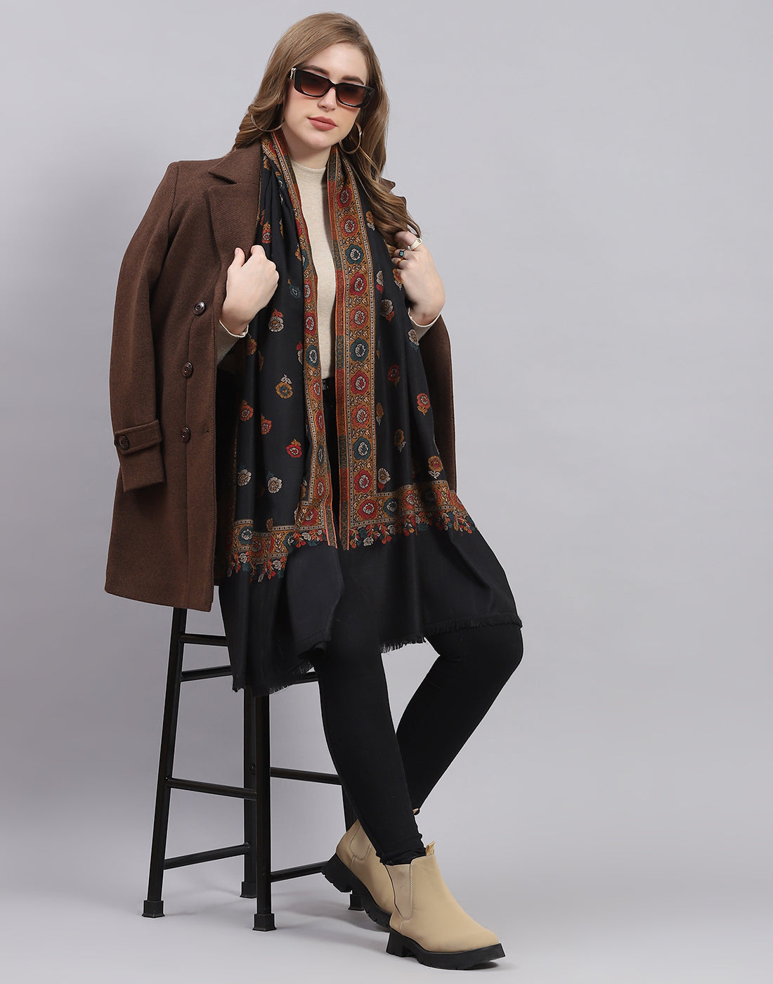 Women Black Self Design Stole