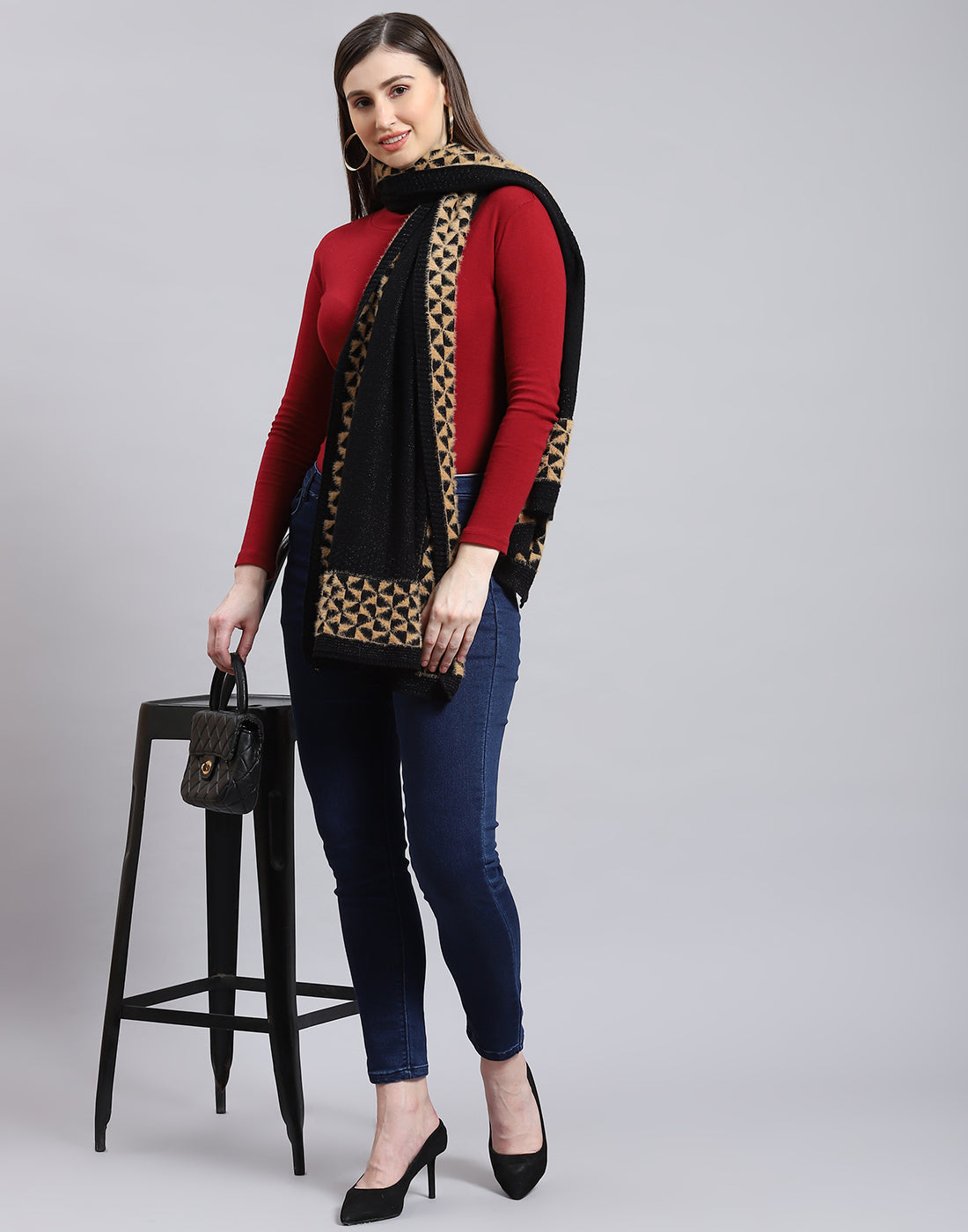 Women Black Self Design Stole