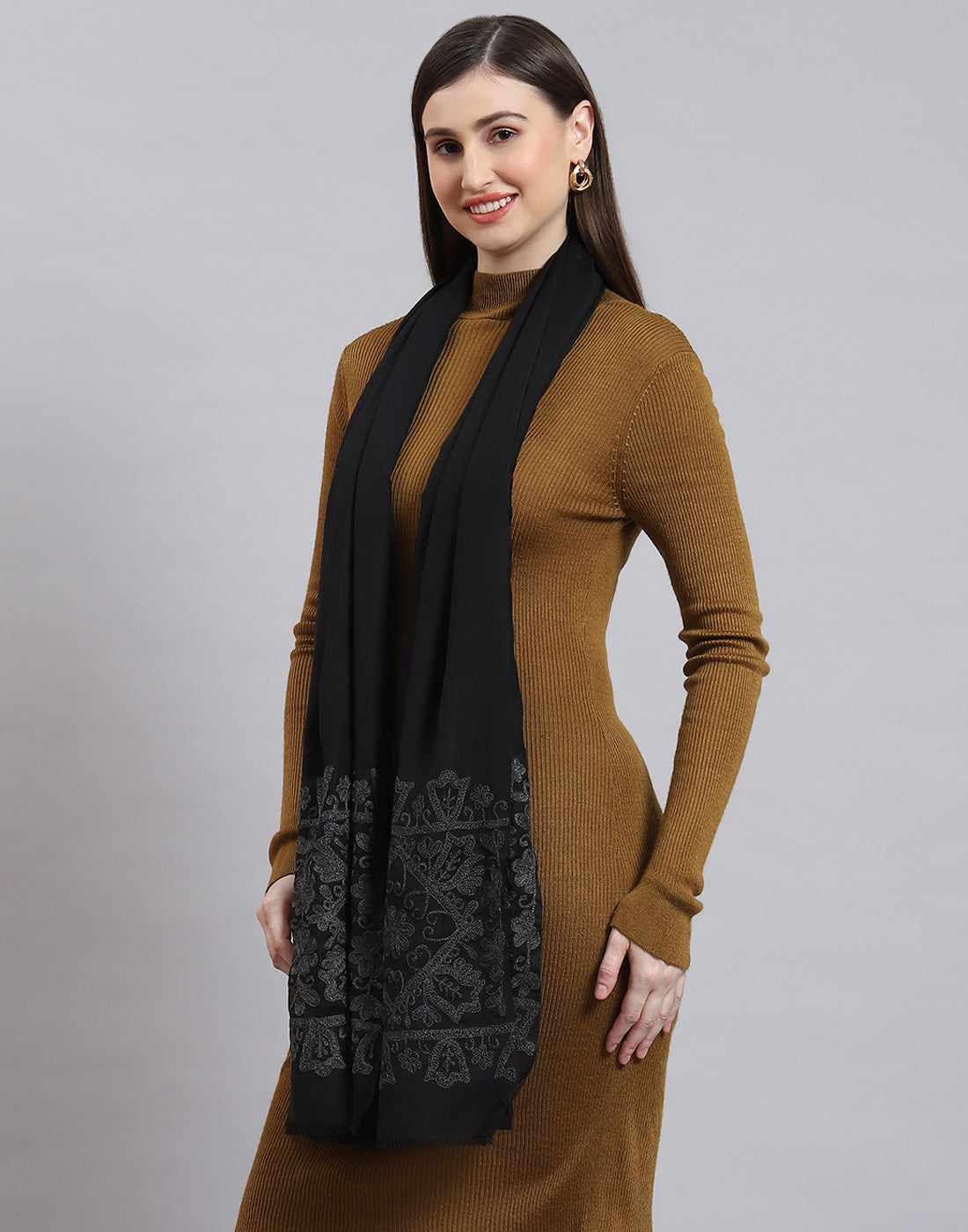 Women Black Self Design Stole