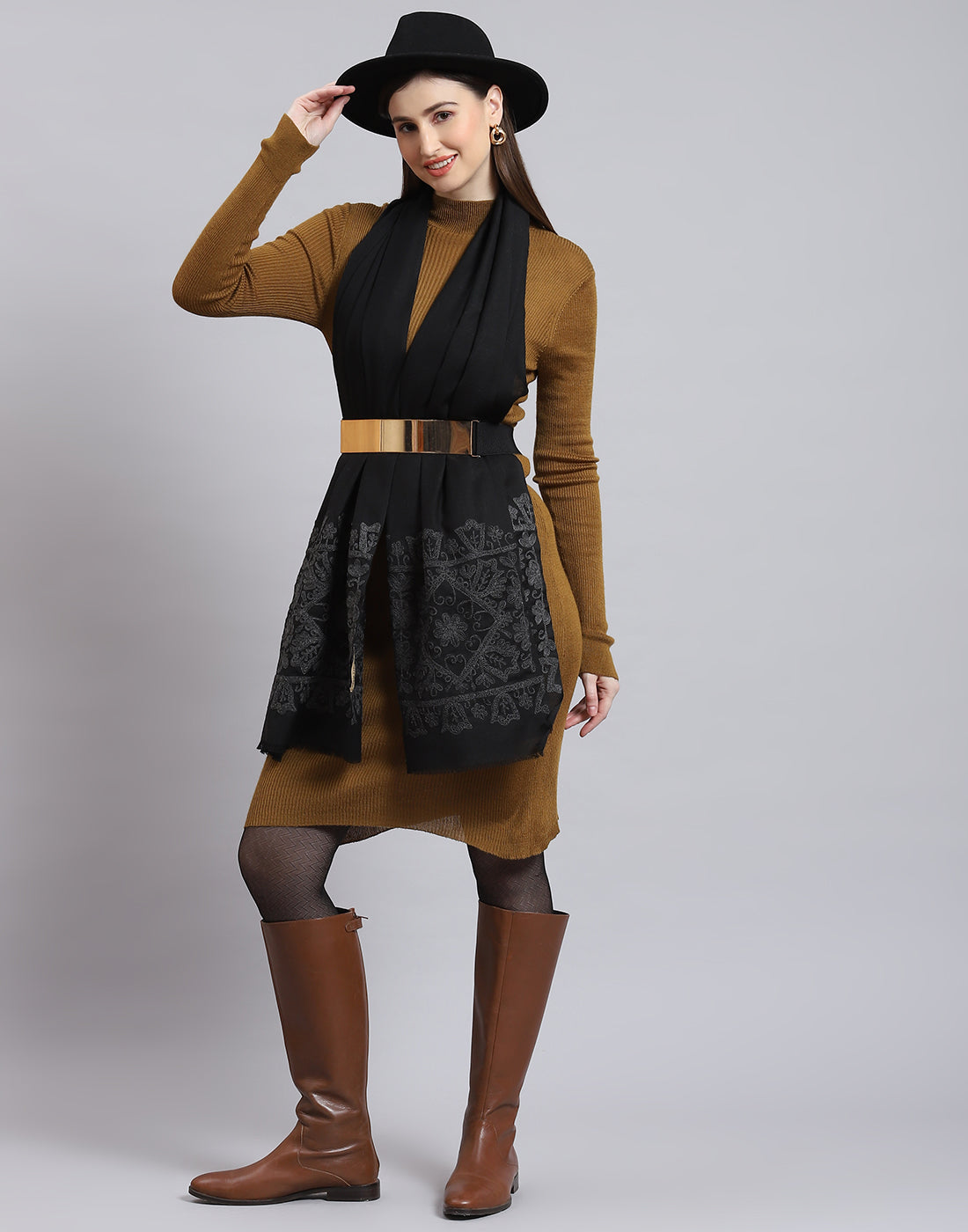 Women Black Self Design Stole