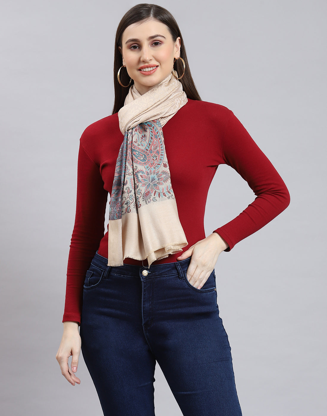 Women Beige Self Design Stole