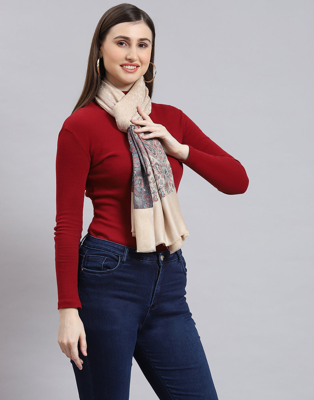 Women Beige Self Design Stole