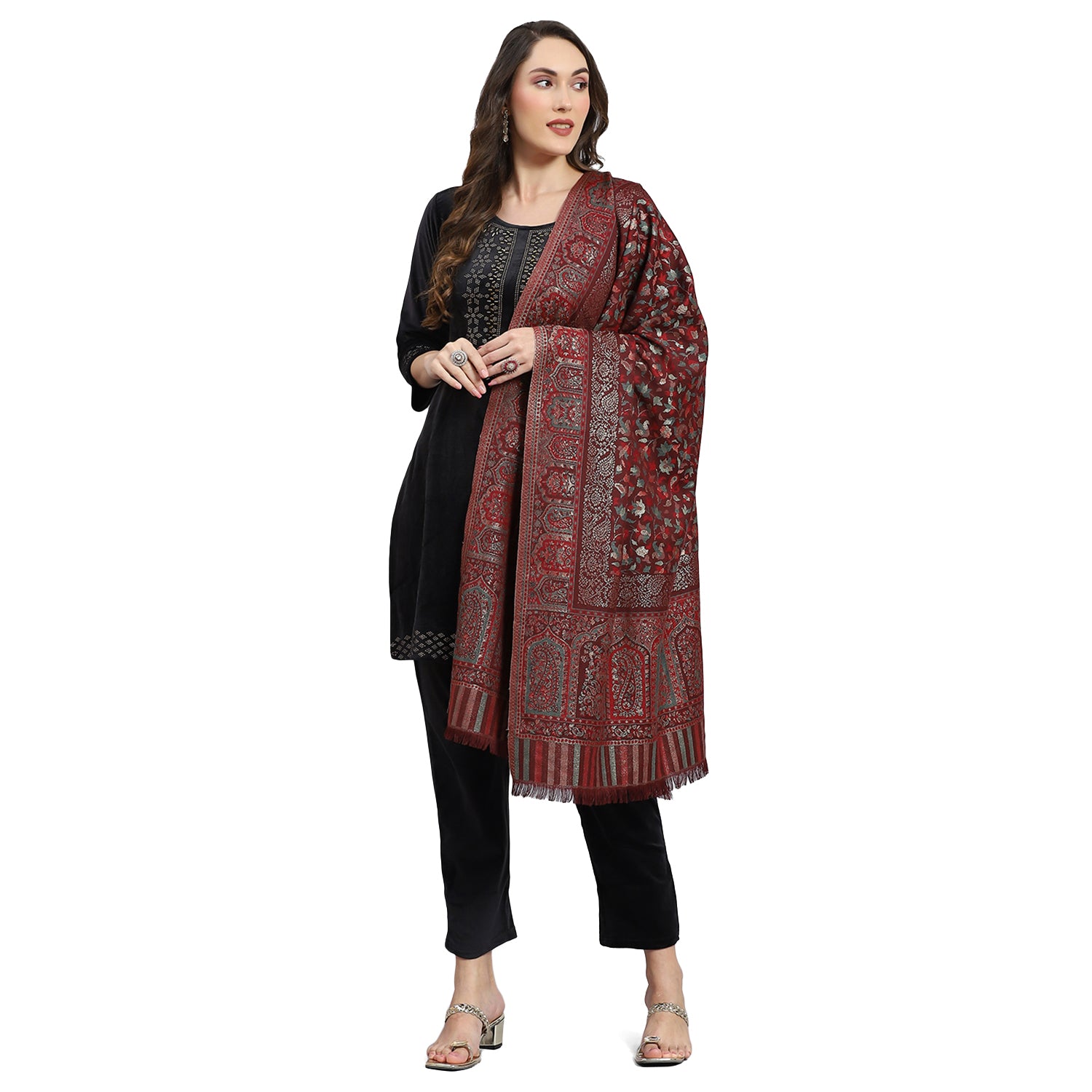 Women Maroon Self Design Stole