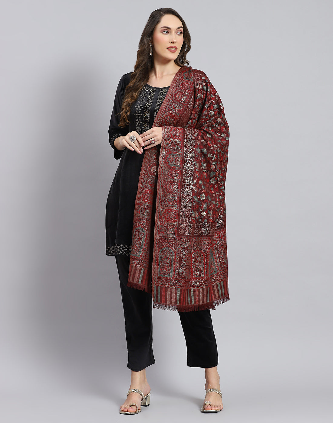 Women Maroon Self Design Stole