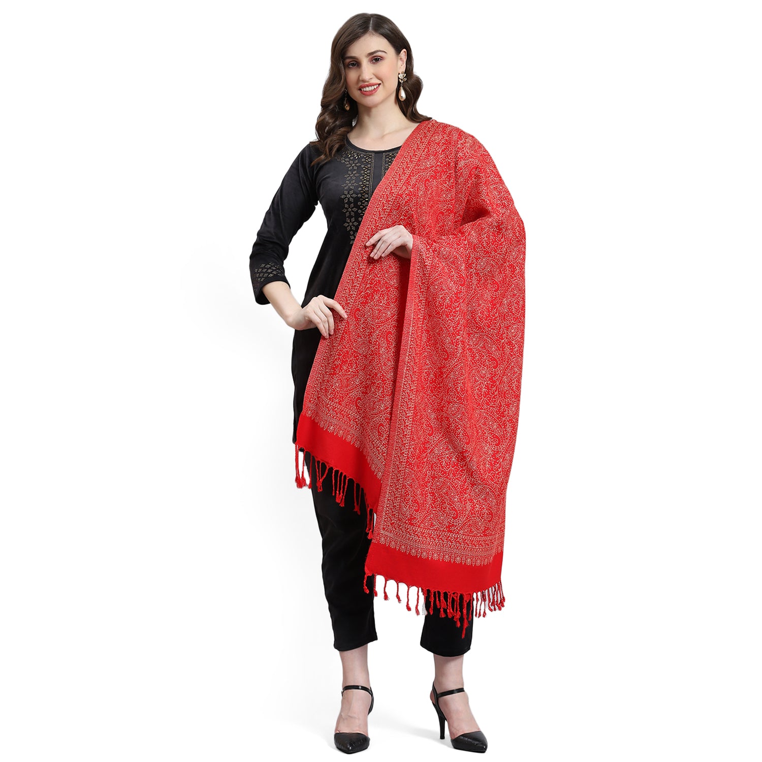 Women Red Self Design Stole