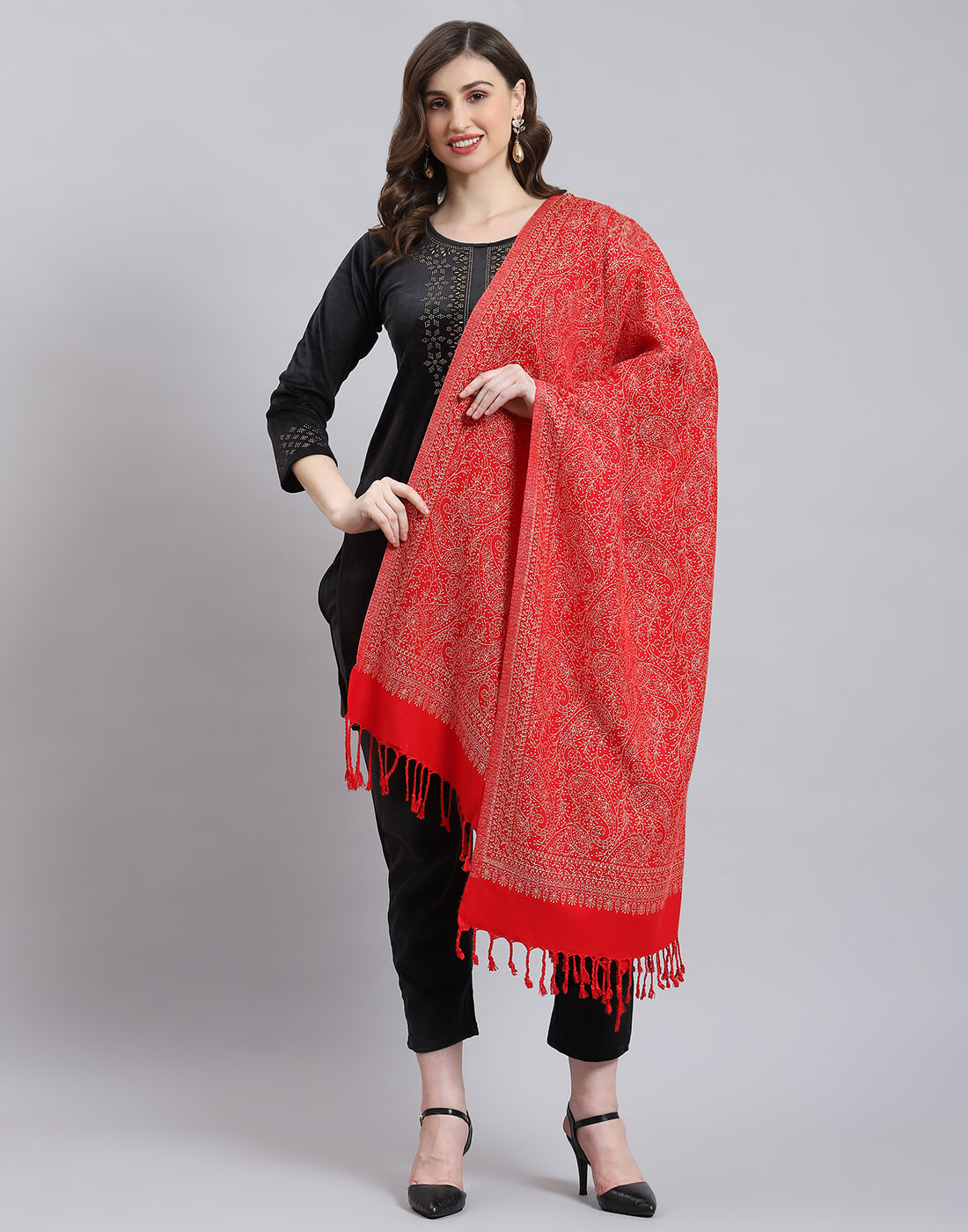 Women Red Self Design Stole