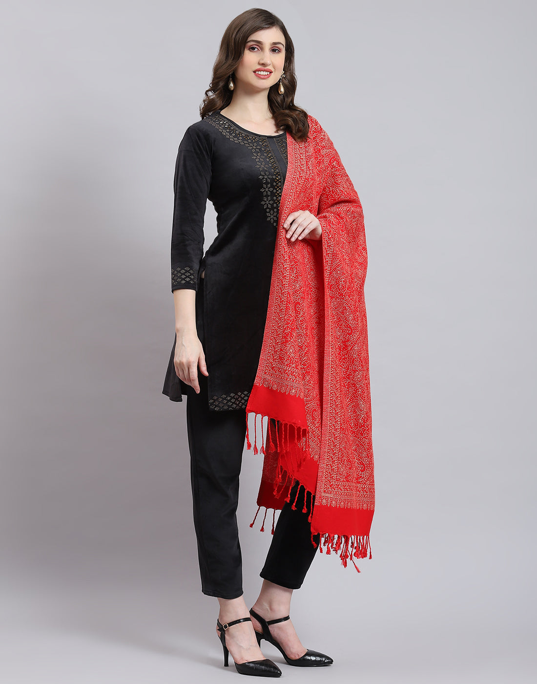 Women Red Self Design Stole