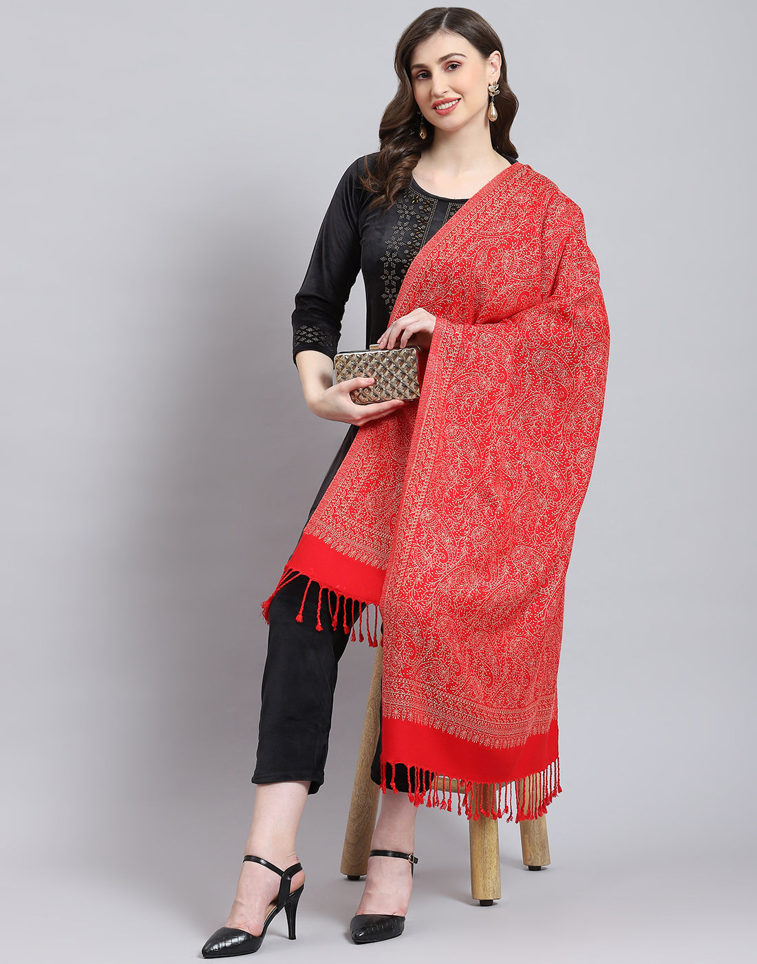 Women Red Self Design Stole