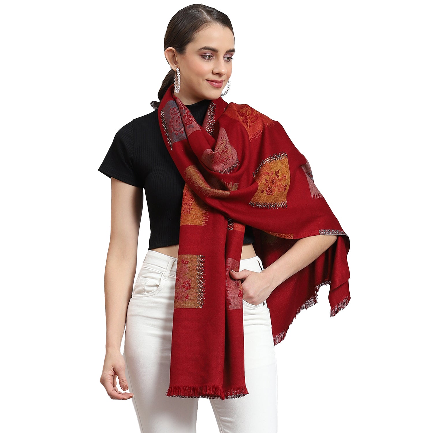 Women Red Self Design Stole