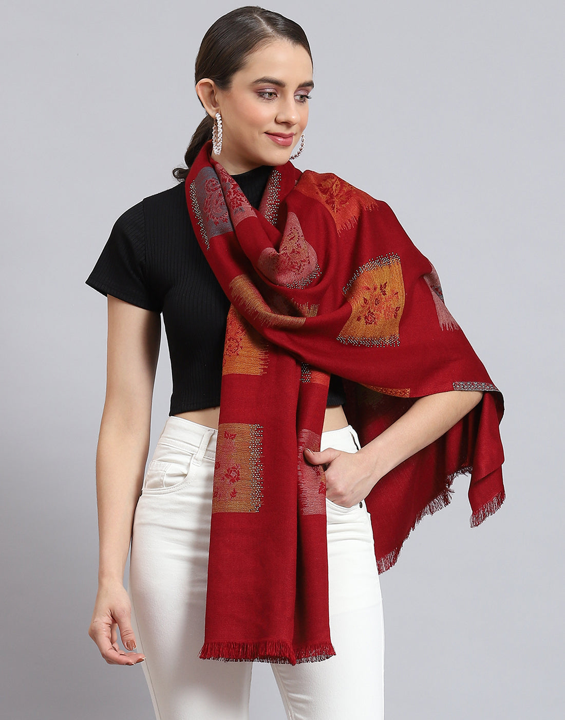 Women Red Self Design Stole