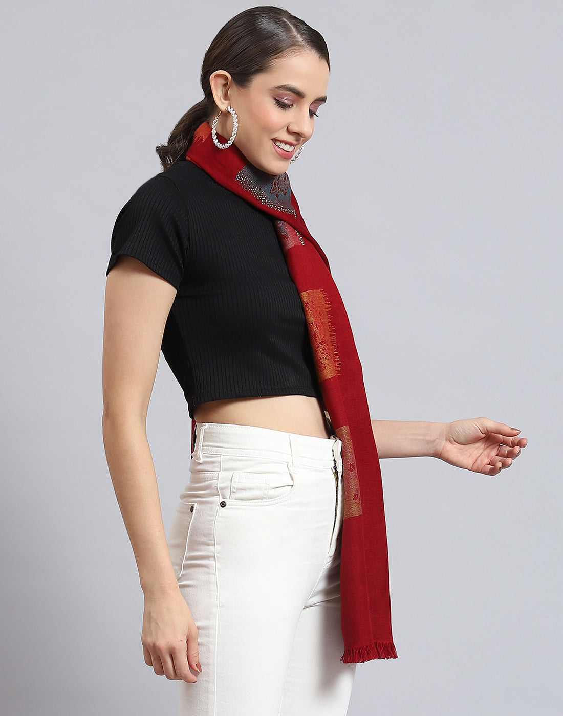 Women Red Self Design Stole