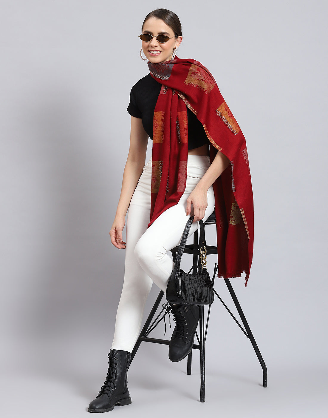 Women Red Self Design Stole