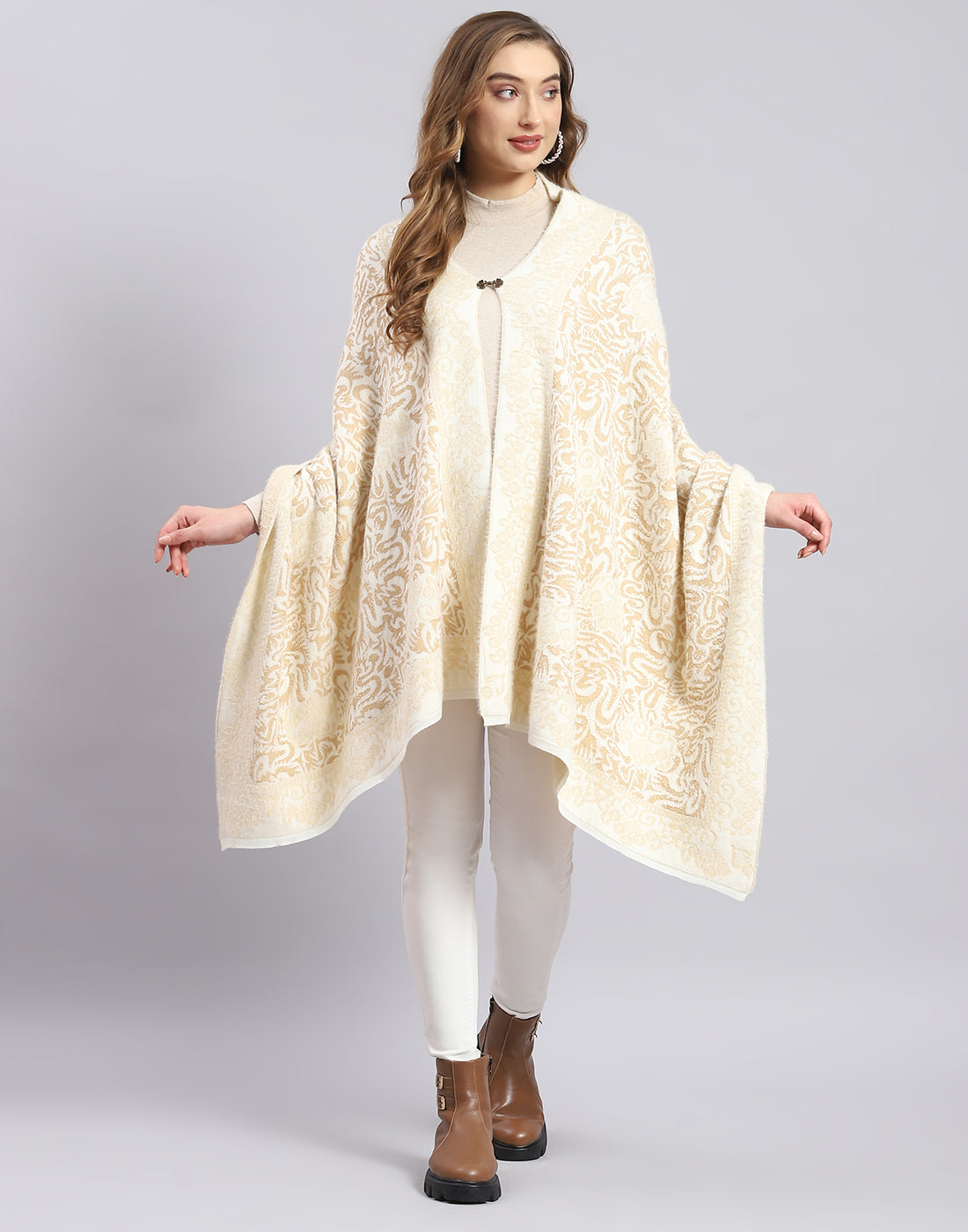 Women Beige Self Design Stole